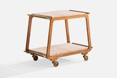 American Designer, Bar Cart, Oak, Brass, Marble, USA, 1950s