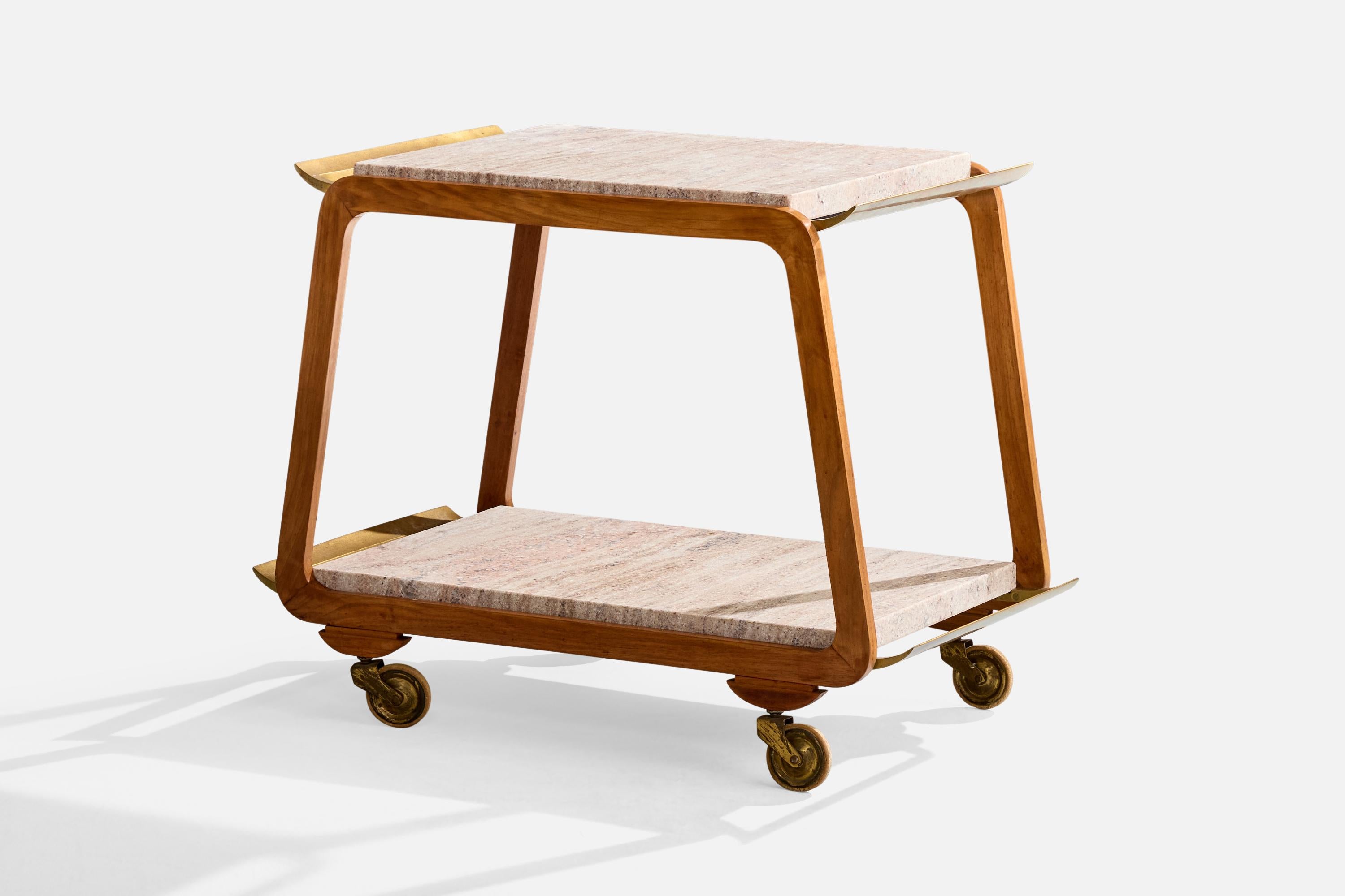 Diseñador americano, Carrito de bar, Roble, Latón, Mármol, EE.UU., Años 50 Moderno de mediados de siglo en venta