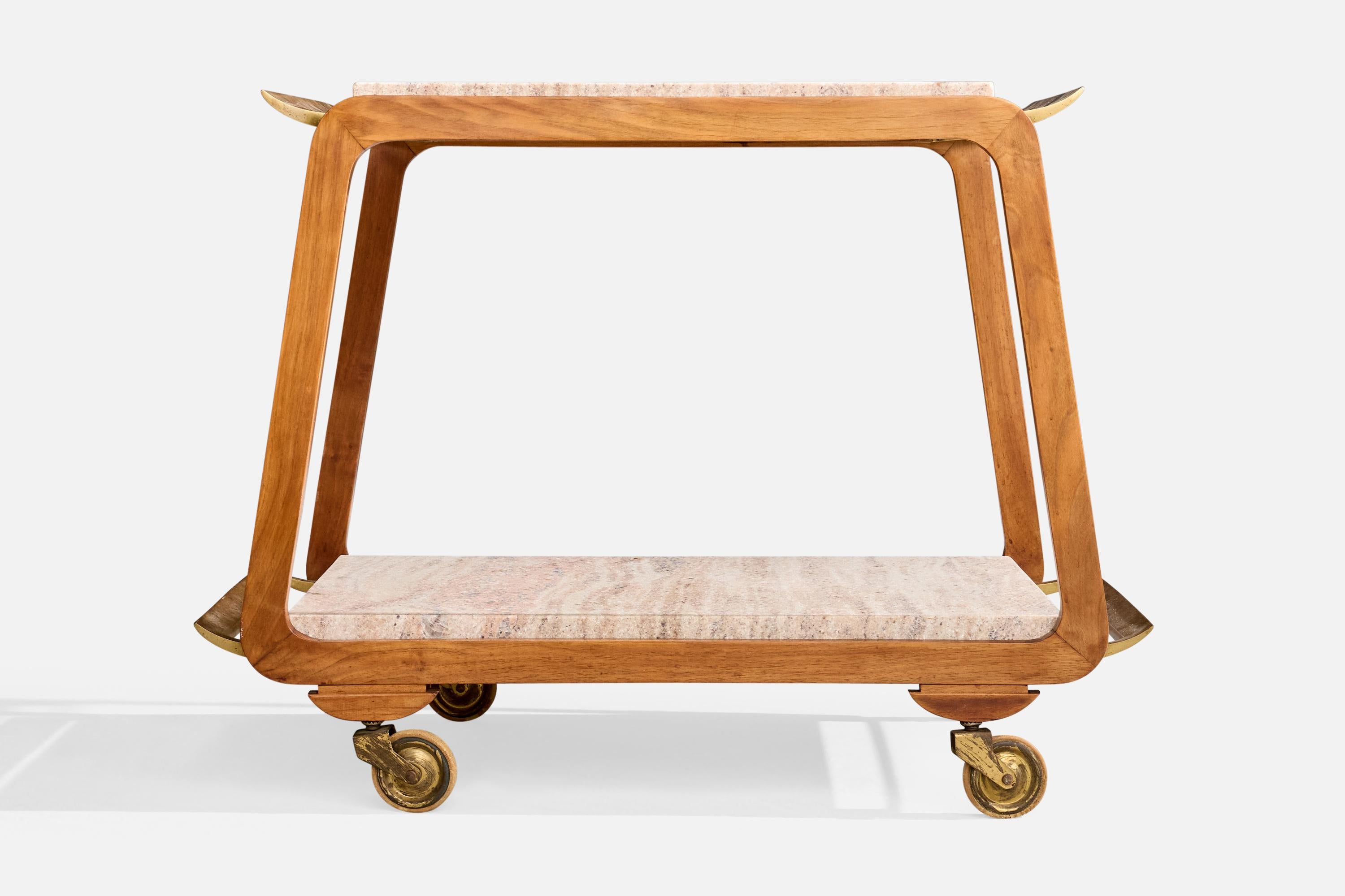 Diseñador americano, Carrito de bar, Roble, Latón, Mármol, EE.UU., Años 50 en Bueno estado para la venta en High Point, NC
