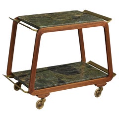 American Designer, Bar Cart, Wood, Brass, Marble, USA, 1950s