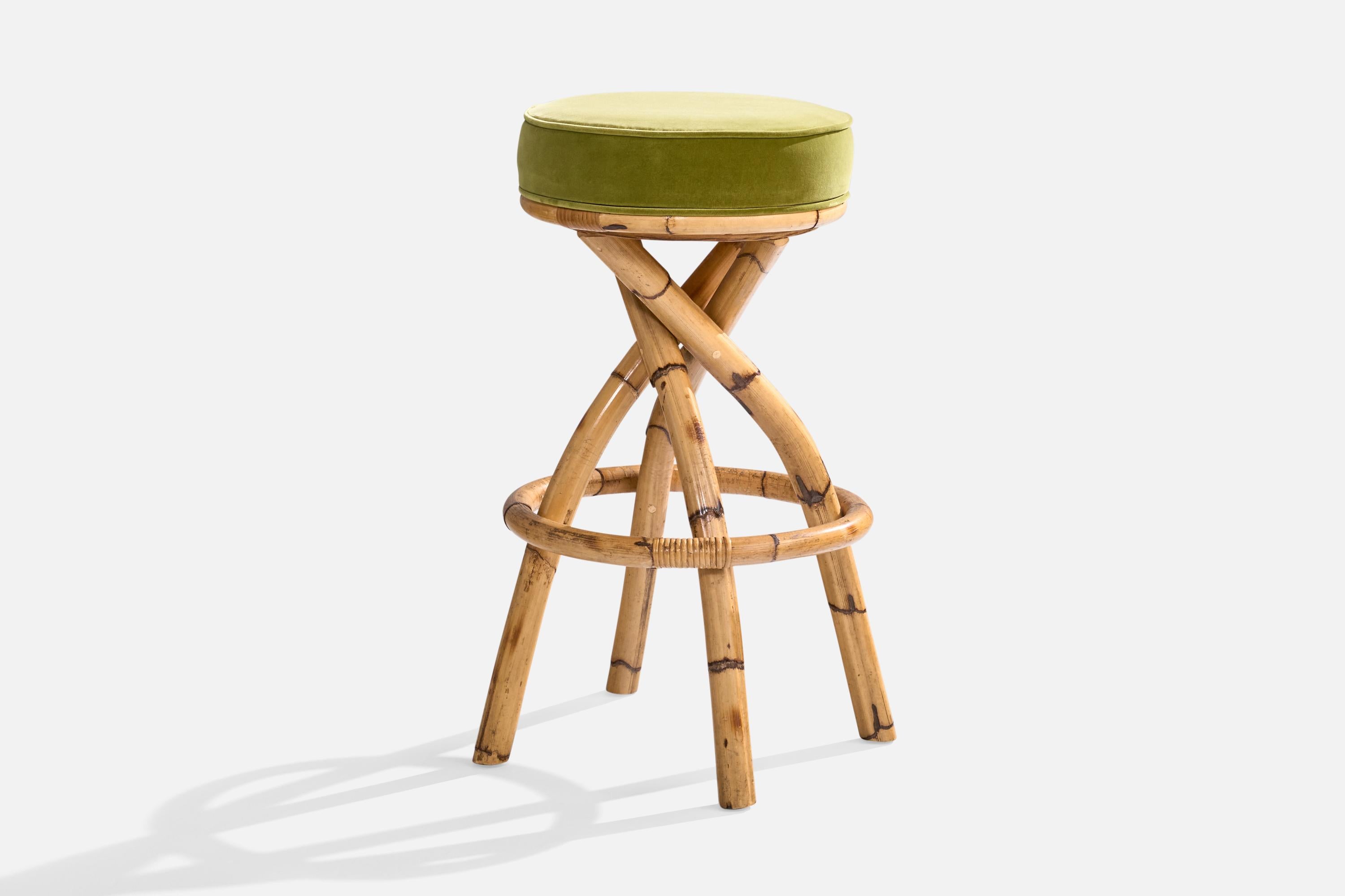 Velours Tabourets de bar, bambou, velours, États-Unis, années 1960 en vente