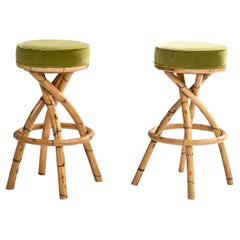 American Designer, Bar Stools, Bamboo, Velvet, USA, 1960s