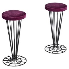 Vintage American Designer, Stools, Iron, Velvet, USA, 1940s