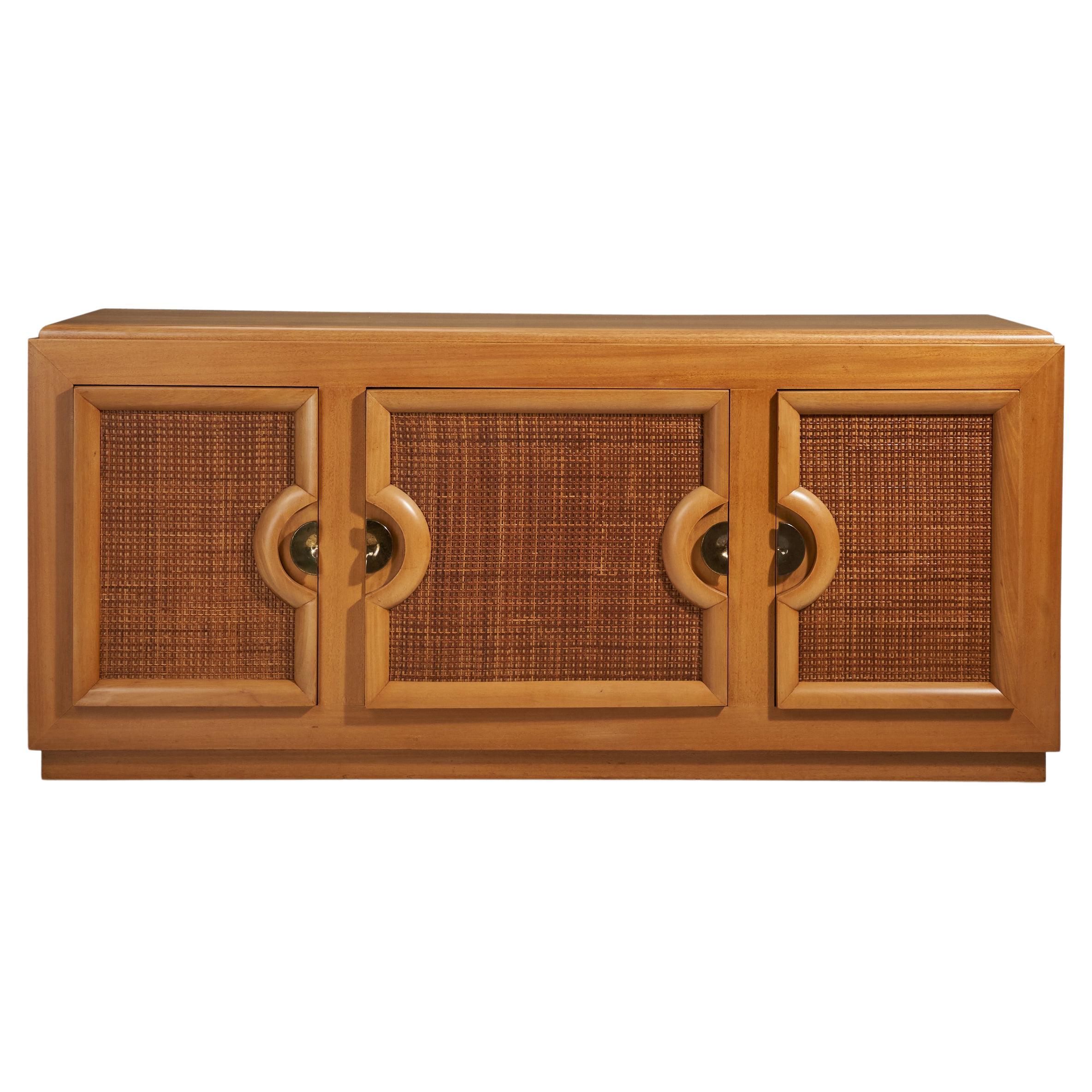 American Designer, Cabinet, Wood, Brass, Rattan, United States, 1940s For Sale