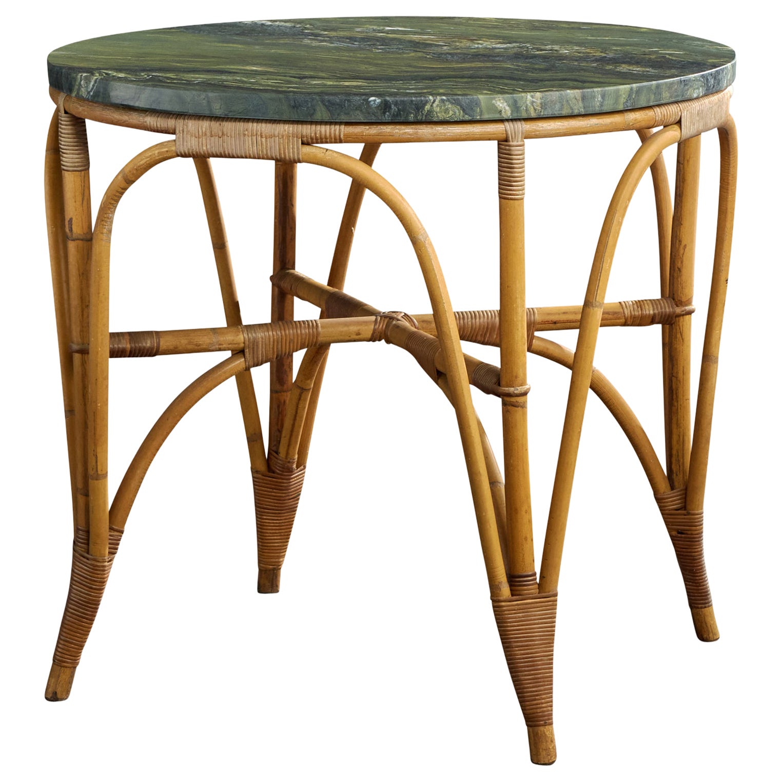 Designer américain, table centrale, bambou, rotin, marbre, États-Unis, années 1960