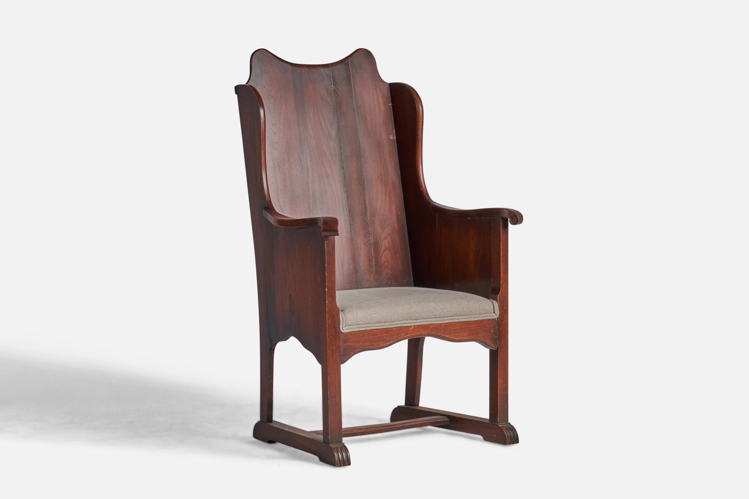 A stained oak and grey beige fabric side or lounge chair designed and produced in the US, c. 1930s.

16.75” seat height