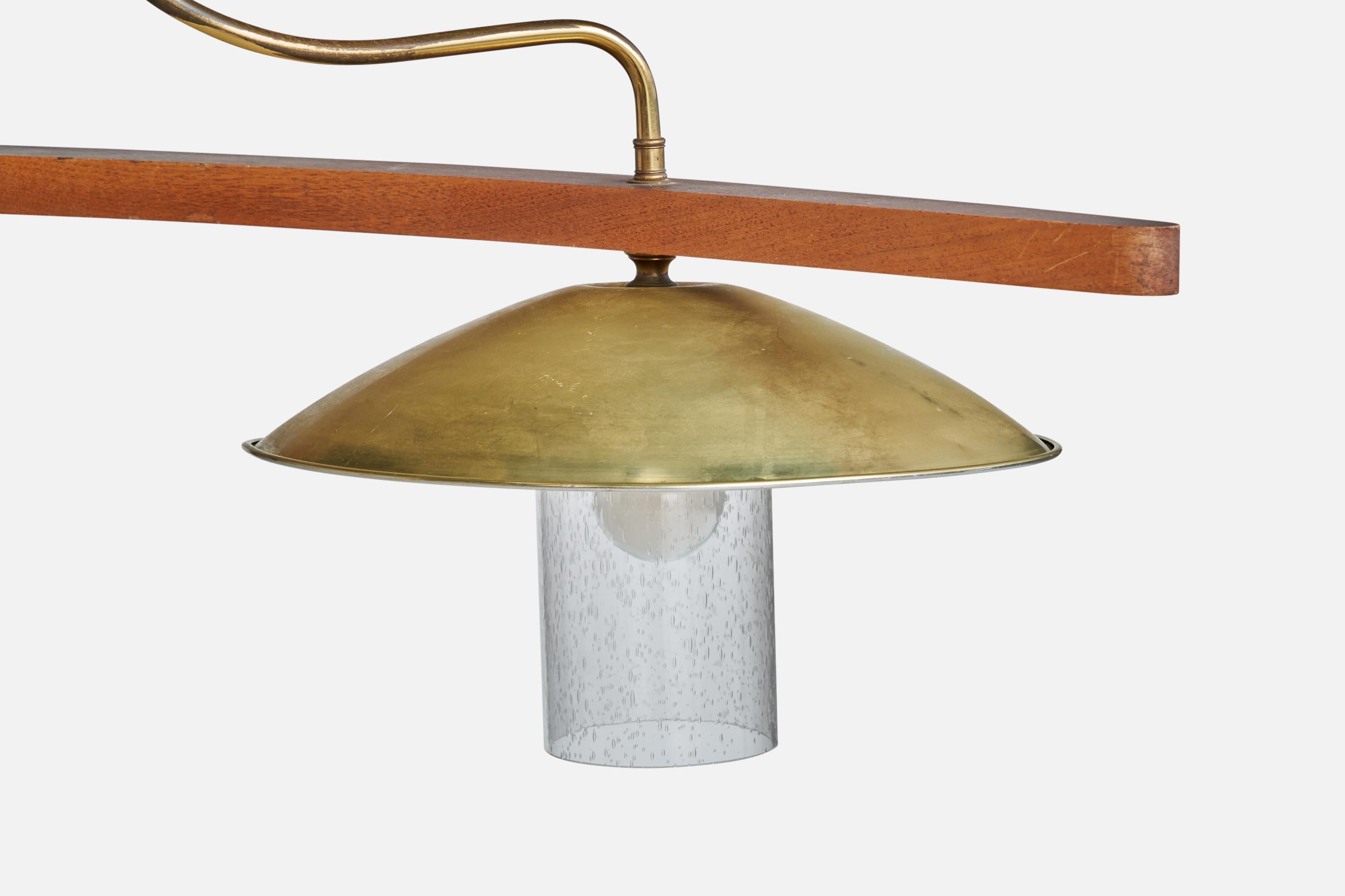 American Designer, Chandelier, Teak, Brass, Glass, USA, 1950s For Sale 7