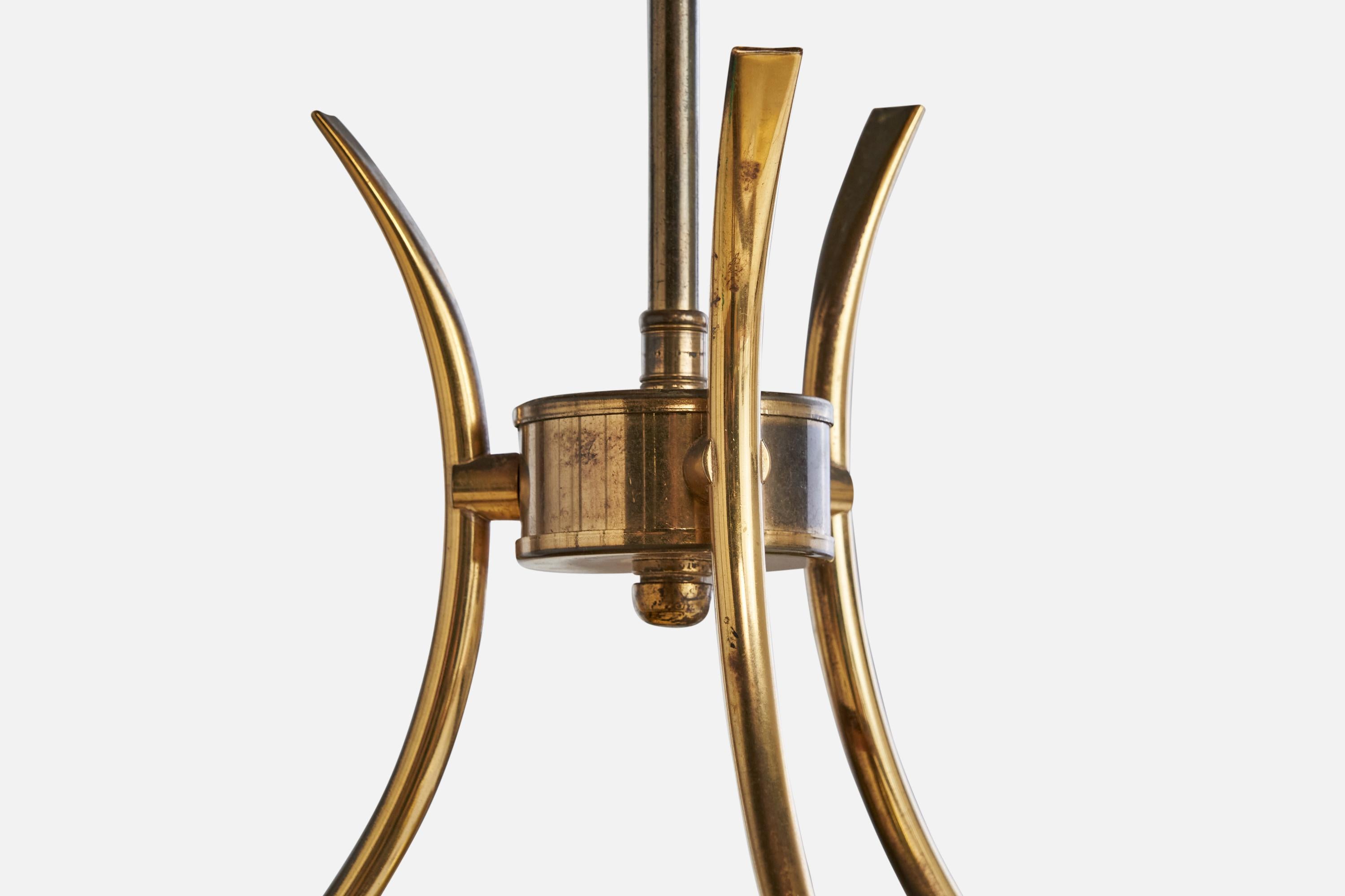 American Designer, Chandelier, Teak, Brass, Glass, USA, 1950s In Good Condition For Sale In High Point, NC