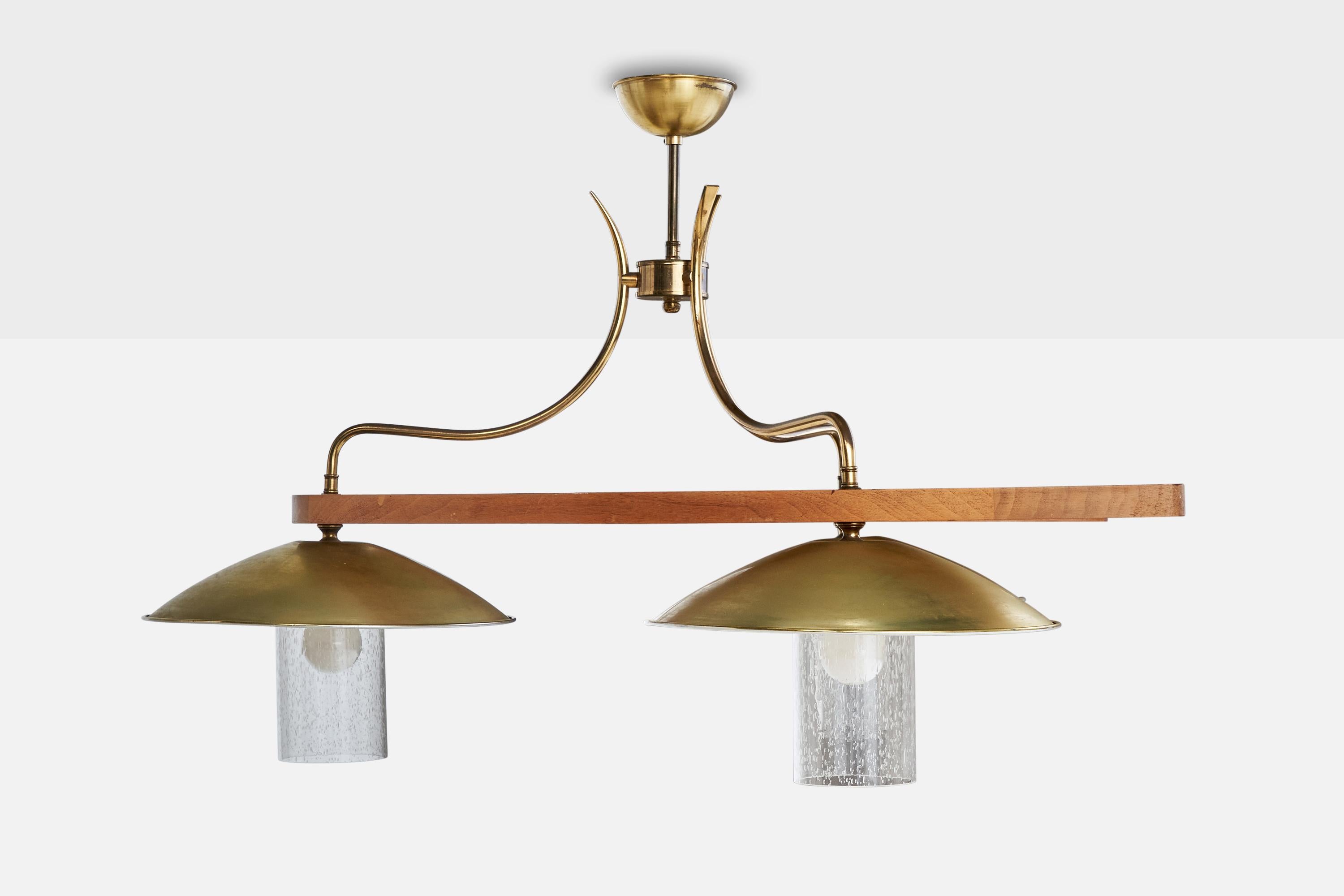 American Designer, Chandelier, Teak, Brass, Glass, USA, 1950s For Sale 3