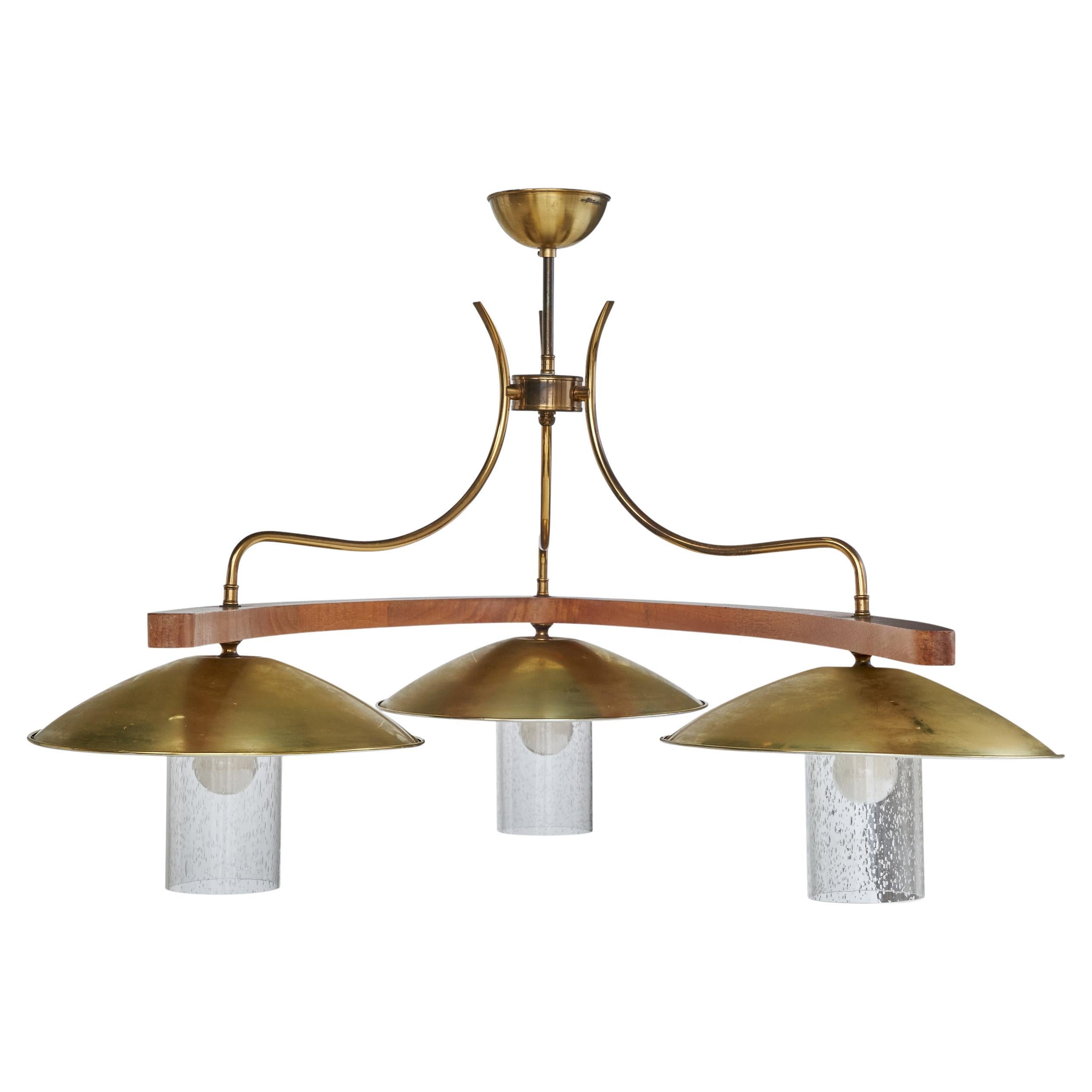 American Designer, Chandelier, Teak, Brass, Glass, USA, 1950s For Sale