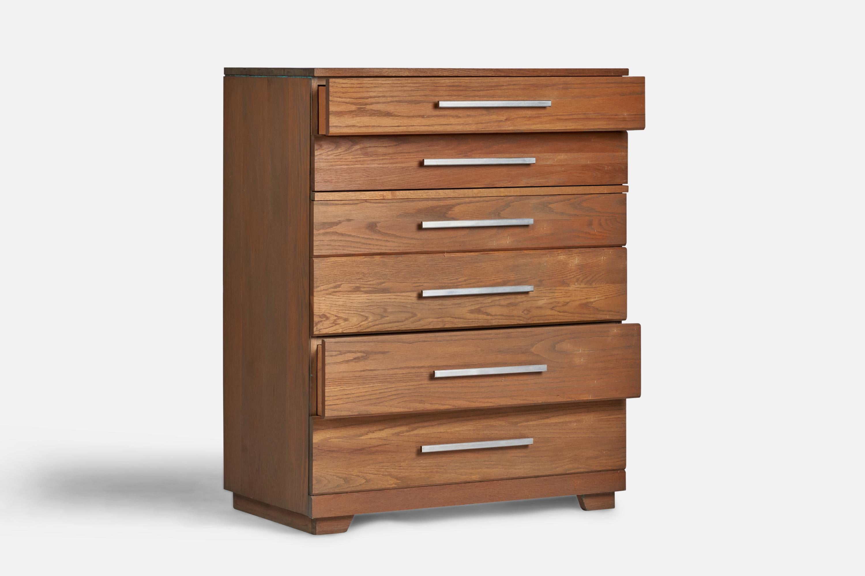 Mid-Century Modern American Designer, Chest of Drawers, Oak, Metal, USA, 1950s For Sale