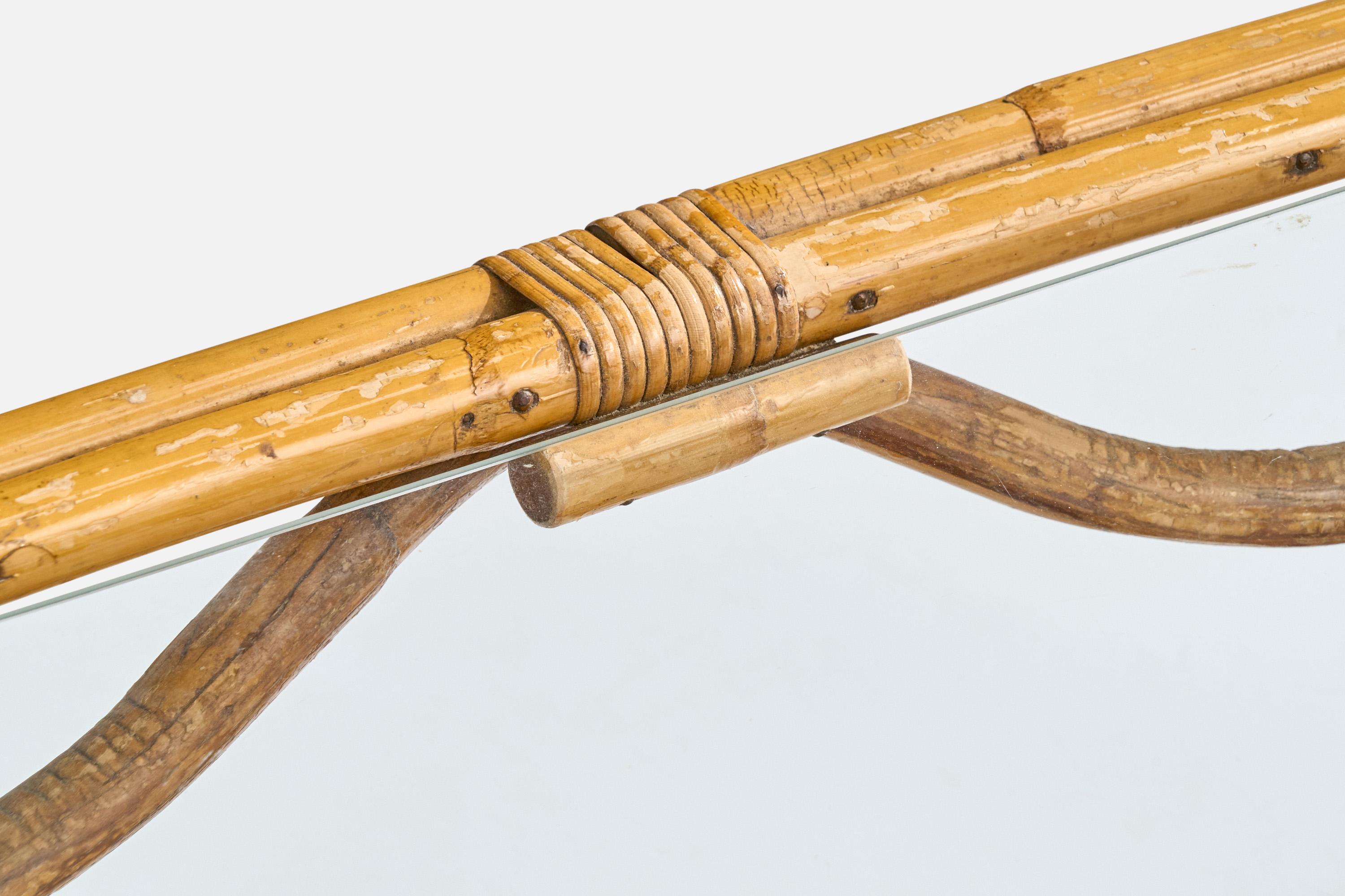 Designer américain, table basse, bambou, rotin, verre, États-Unis, années 1950 en vente 1