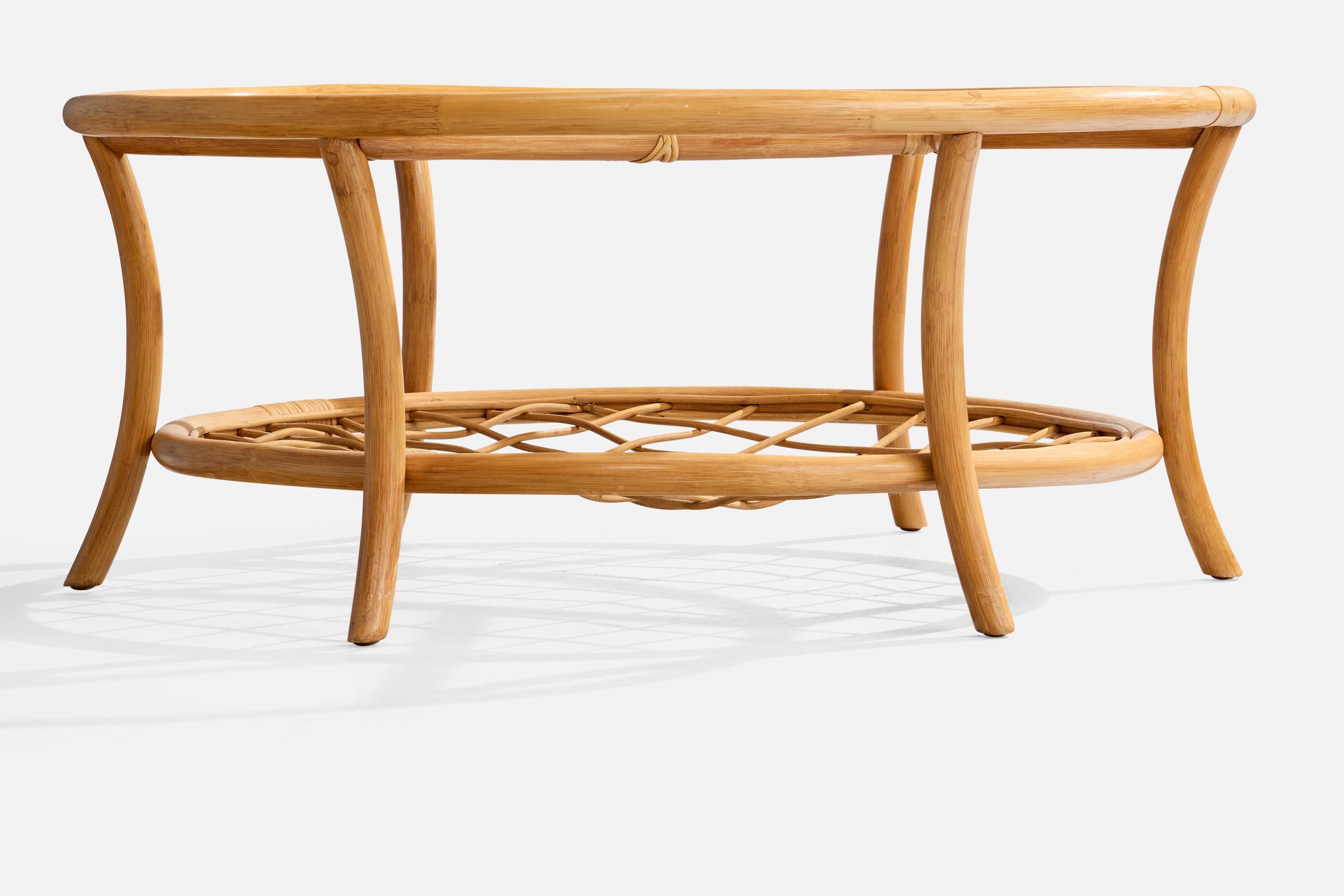 Americano Tavolino da caffè di design americano, bambù, rattan, vetro, USA, anni '1980 in vendita