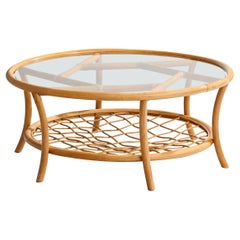 Tavolino da caffè di design americano, bambù, rattan, vetro, USA, anni '1980