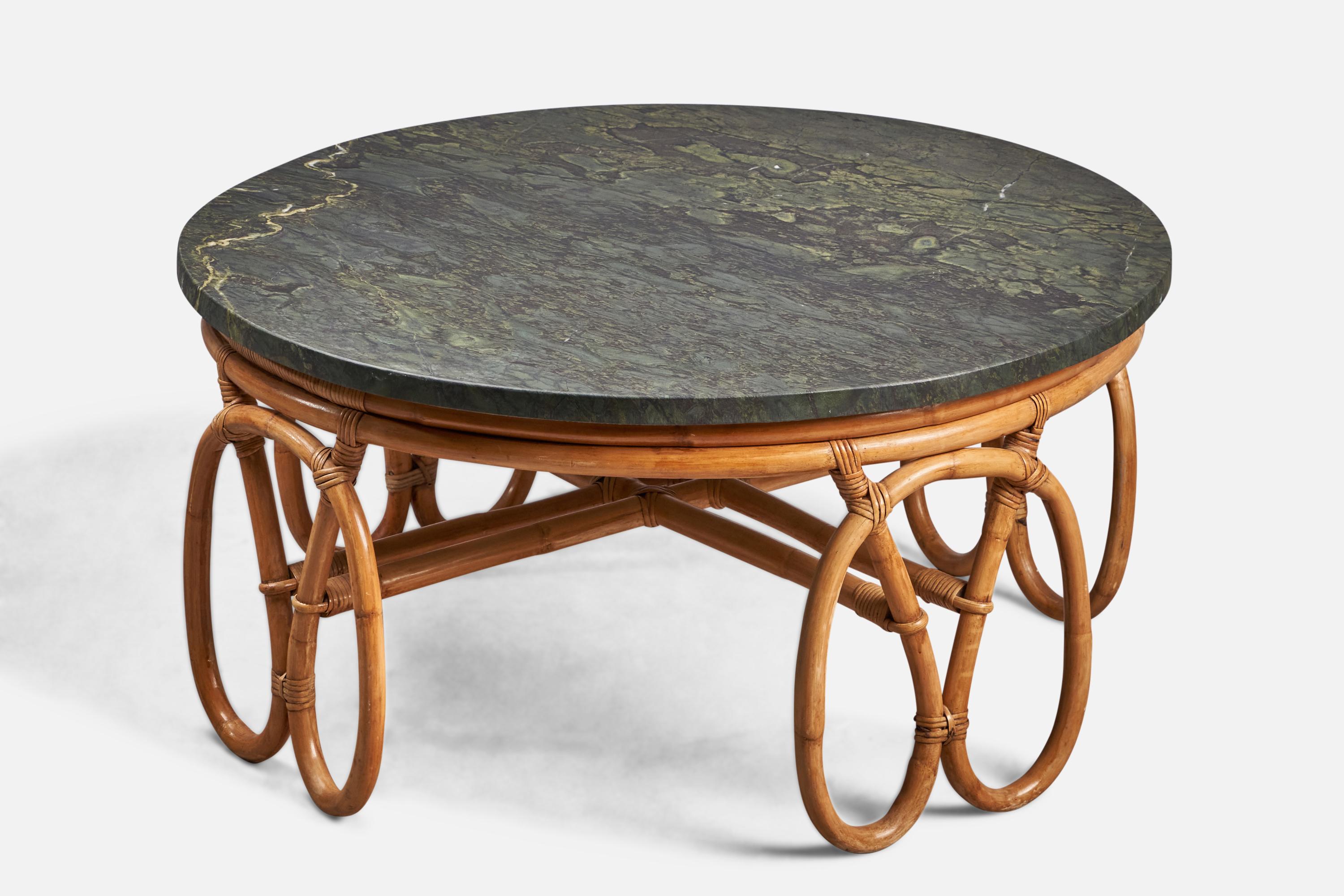 A moulded bamboo, rattan and green marble coffee or cocktail table designed and produced in the US, 1950s.