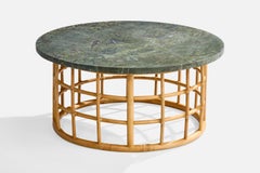 American Designer, Coffee Table, Bamboo, Rattan, Marble, USA, 1950s