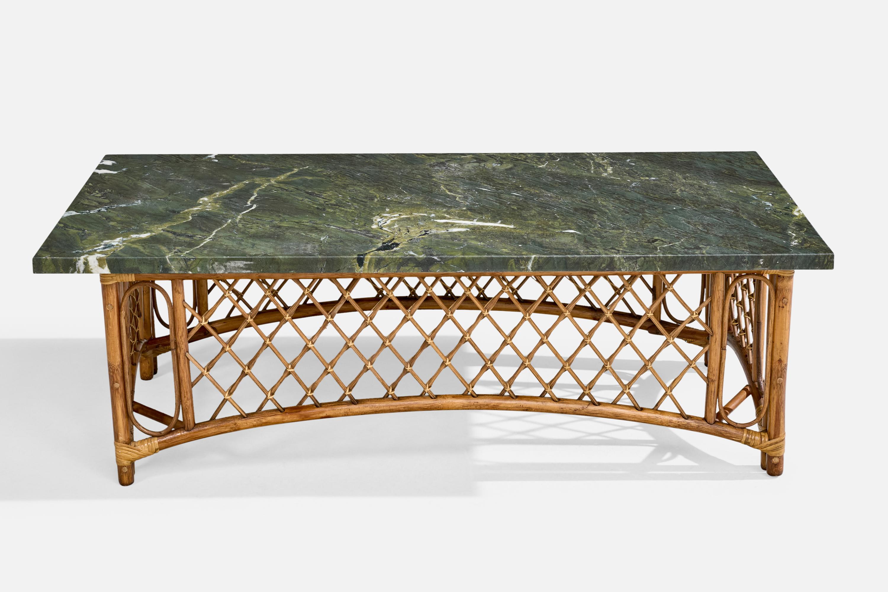 Mid-Century Modern Designer américain, table basse, bambou, rotin, marbre, États-Unis, années 1950 en vente
