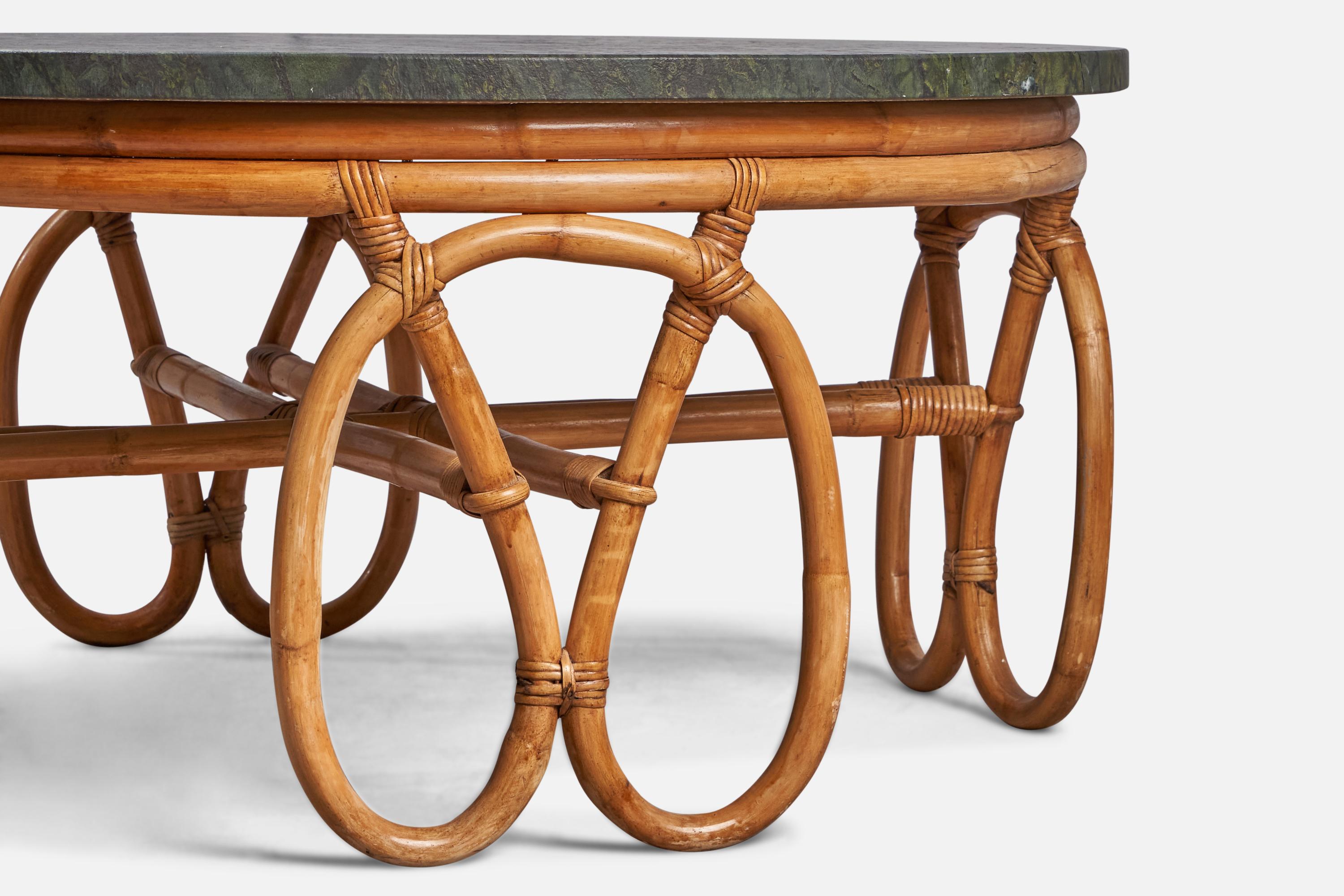 Mid-Century Modern American Designer, Coffee Table, Bamboo, Rattan, Marble, USA, 1950s