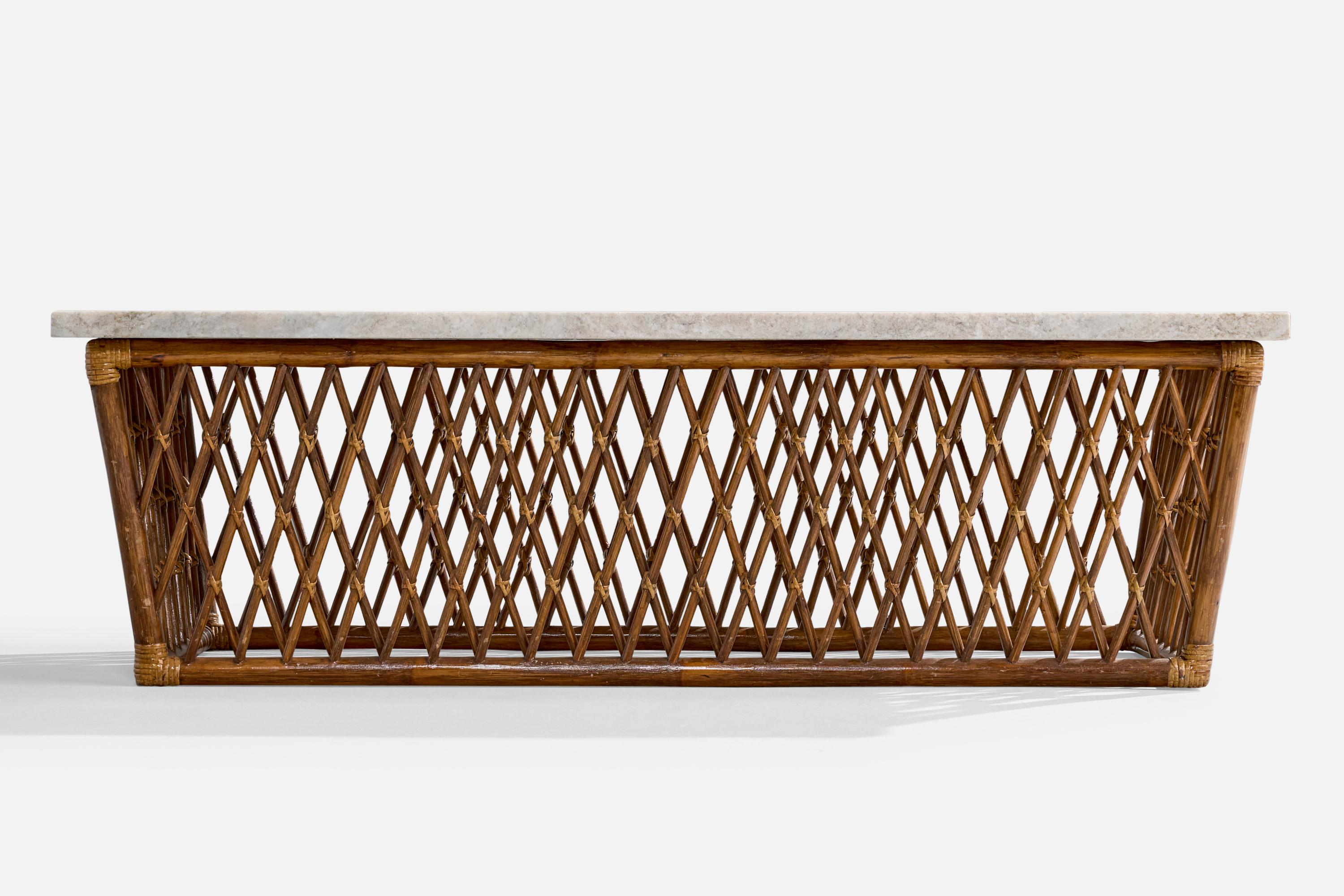 Américain Designer américain, table basse, bambou, rotin, marbre, États-Unis, années 1950 en vente