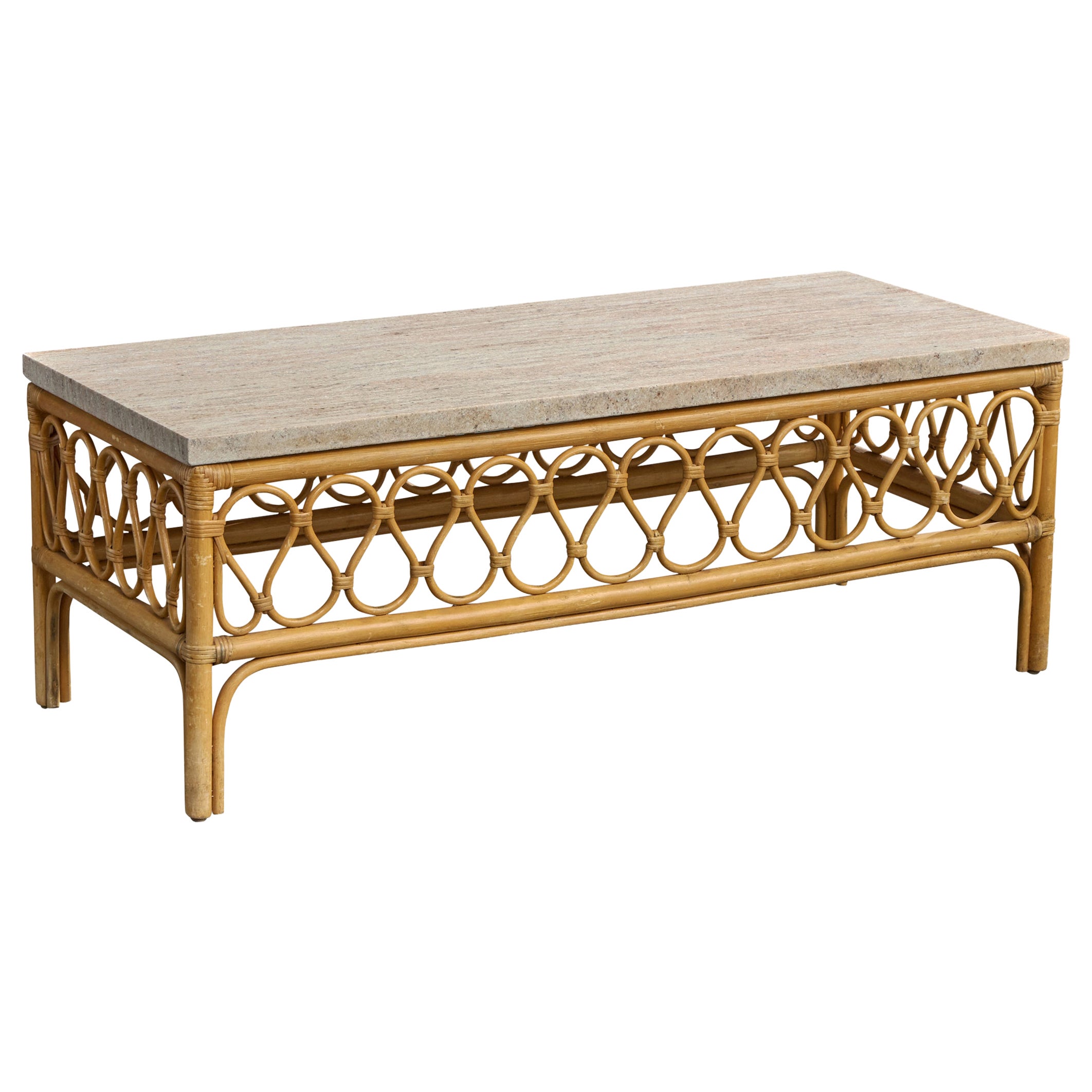 Diseñador americano, Mesa de centro, Bambú, Ratán, Mármol, EE.UU., Años 1960