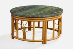American Designer, Coffee Table, Bamboo, Rattan, Marble, USA, 1970s