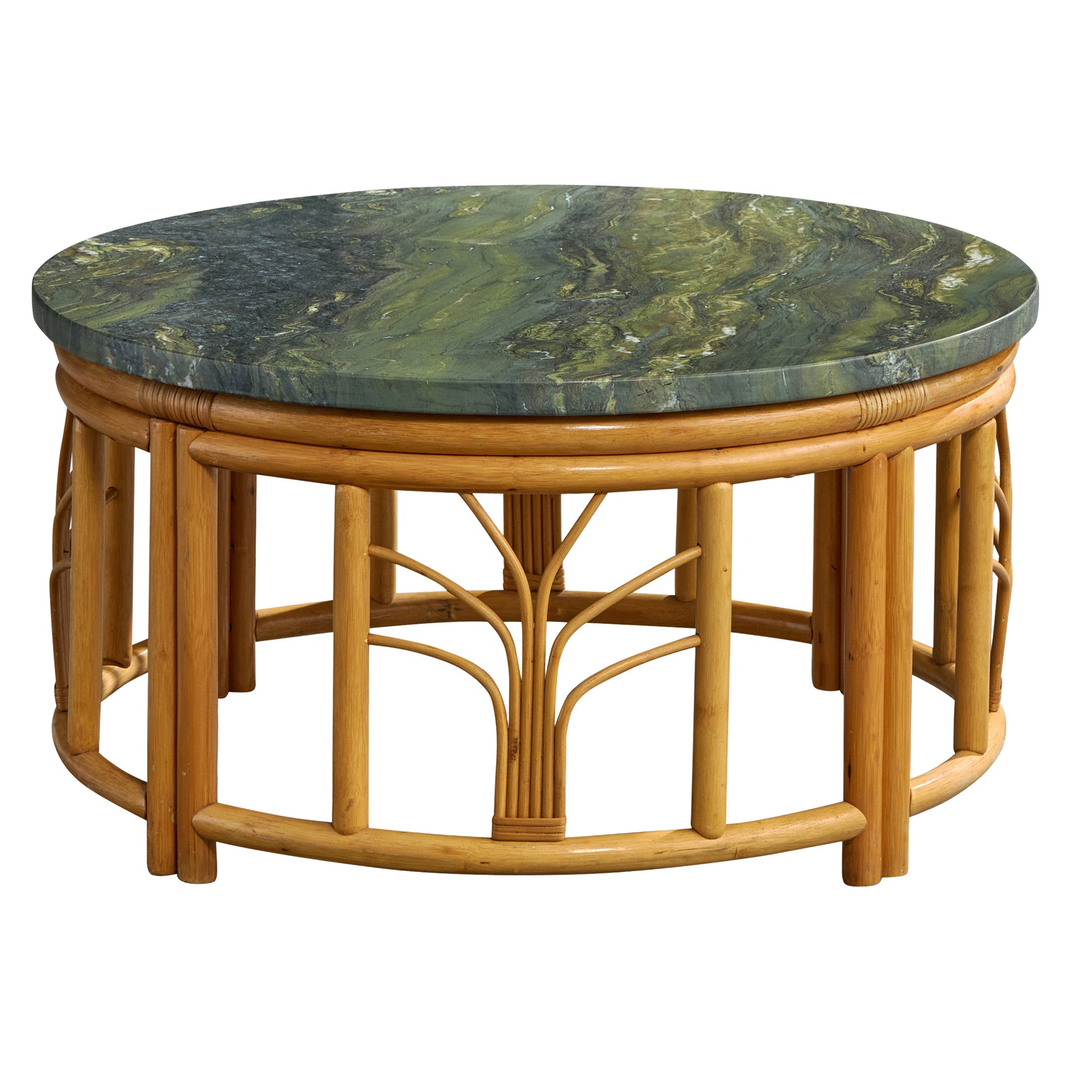 Diseñador americano, Mesa de centro, Bambú, Ratán, Mármol, EE.UU., Años 1970