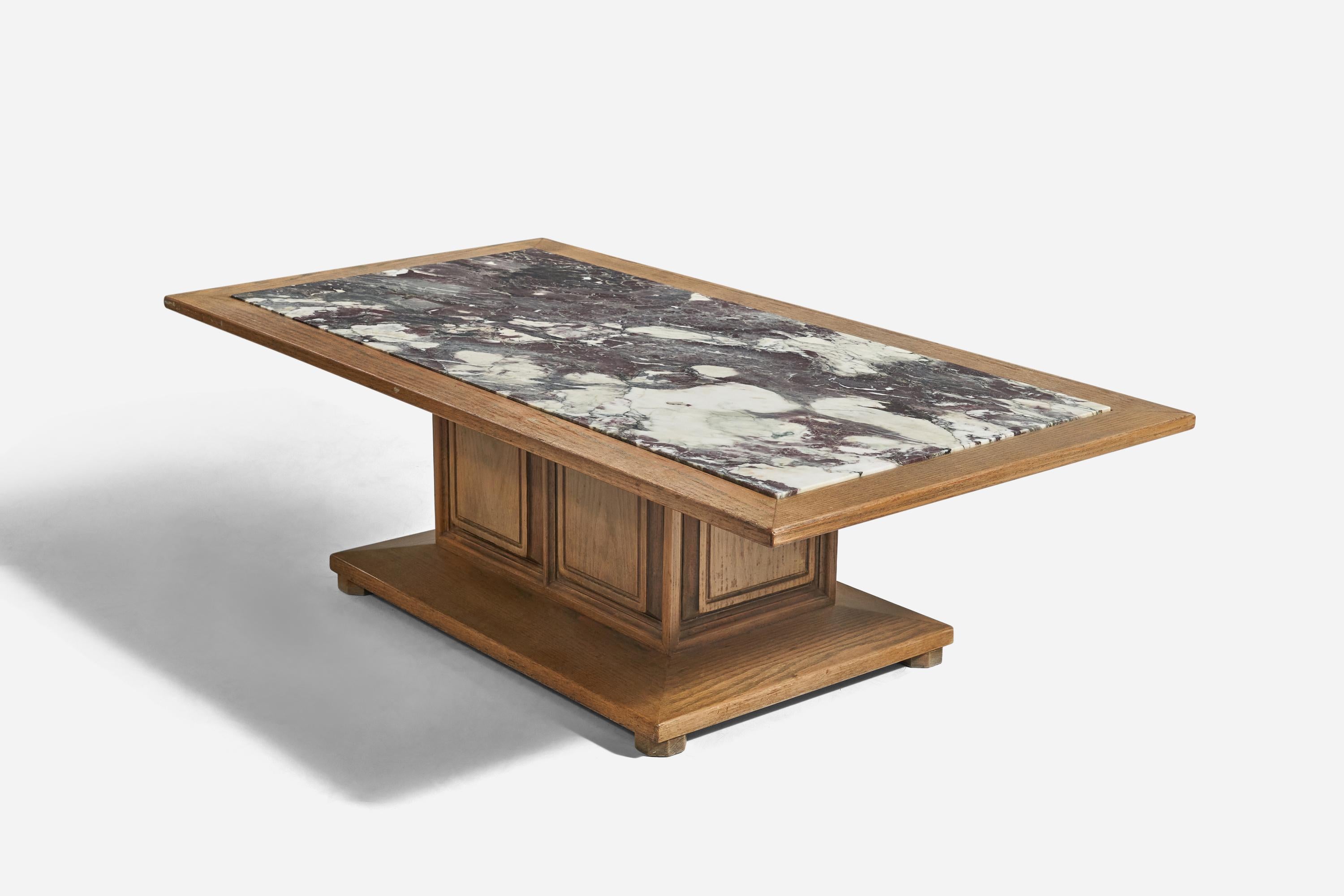 Mid-Century Modern American Designer, Coffee Table, Marble, Oak, United States, 1940s For Sale