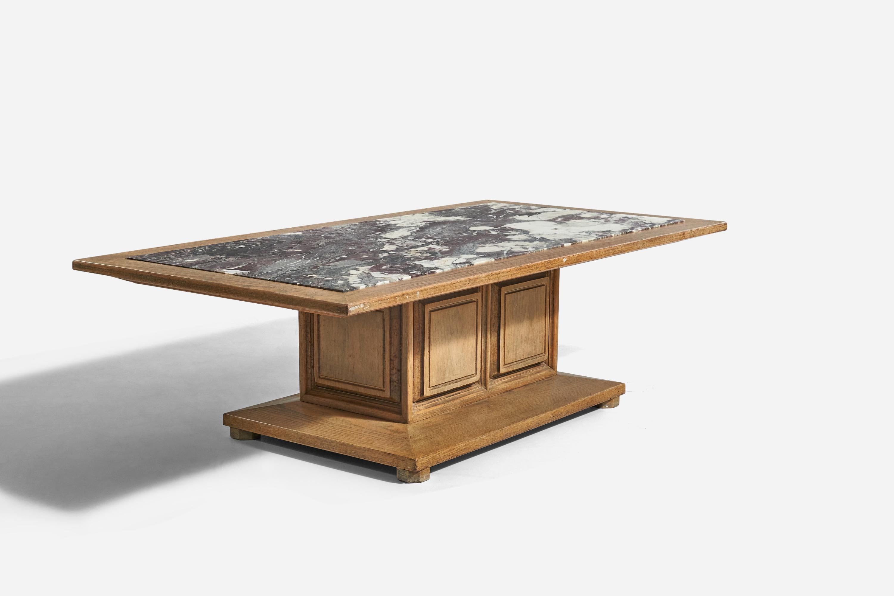 Mid-20th Century American Designer, Coffee Table, Marble, Oak, United States, 1940s For Sale