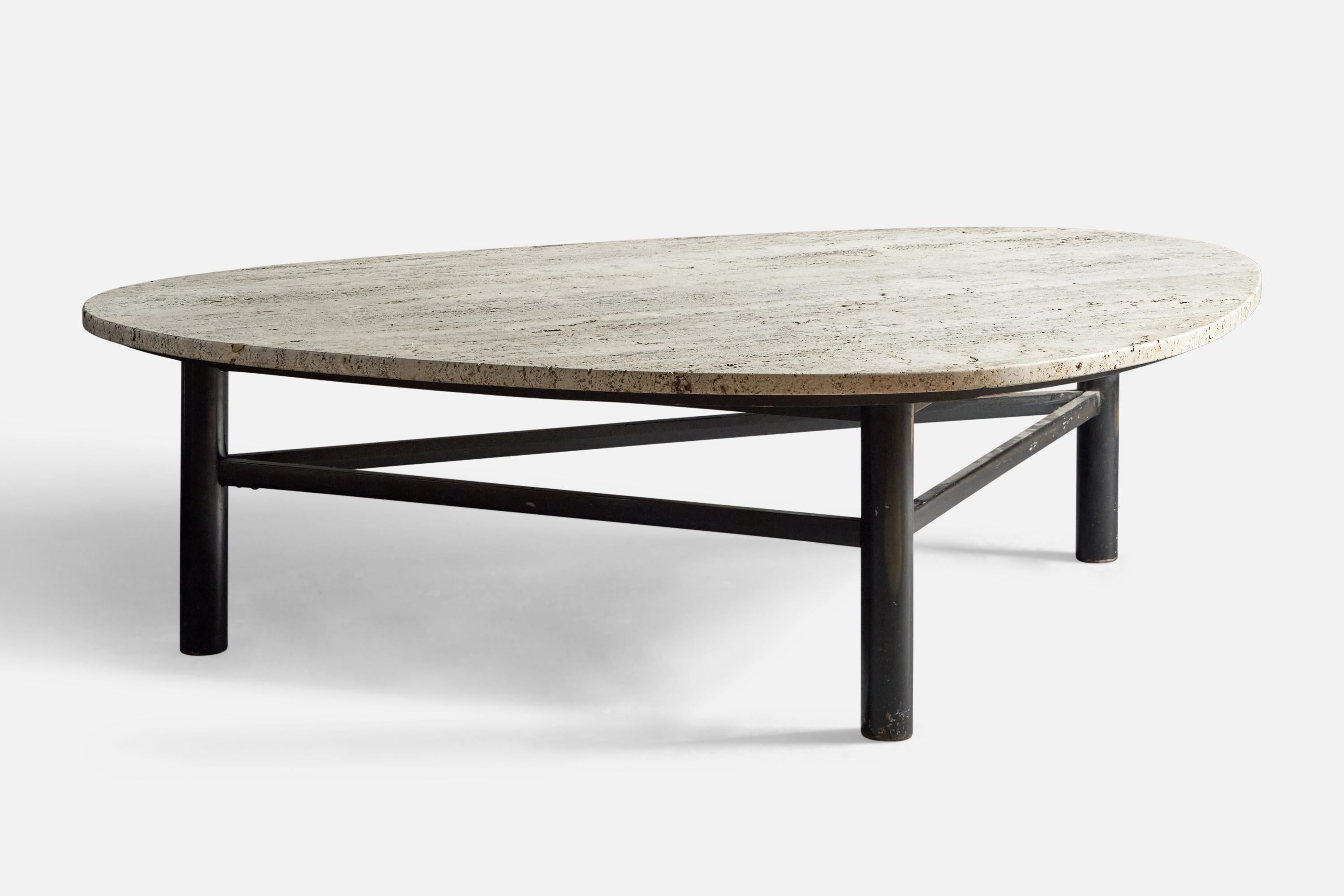 A marble and black-lacquered wood coffee or cocktail table, designed and produced in the USA, 1950s.