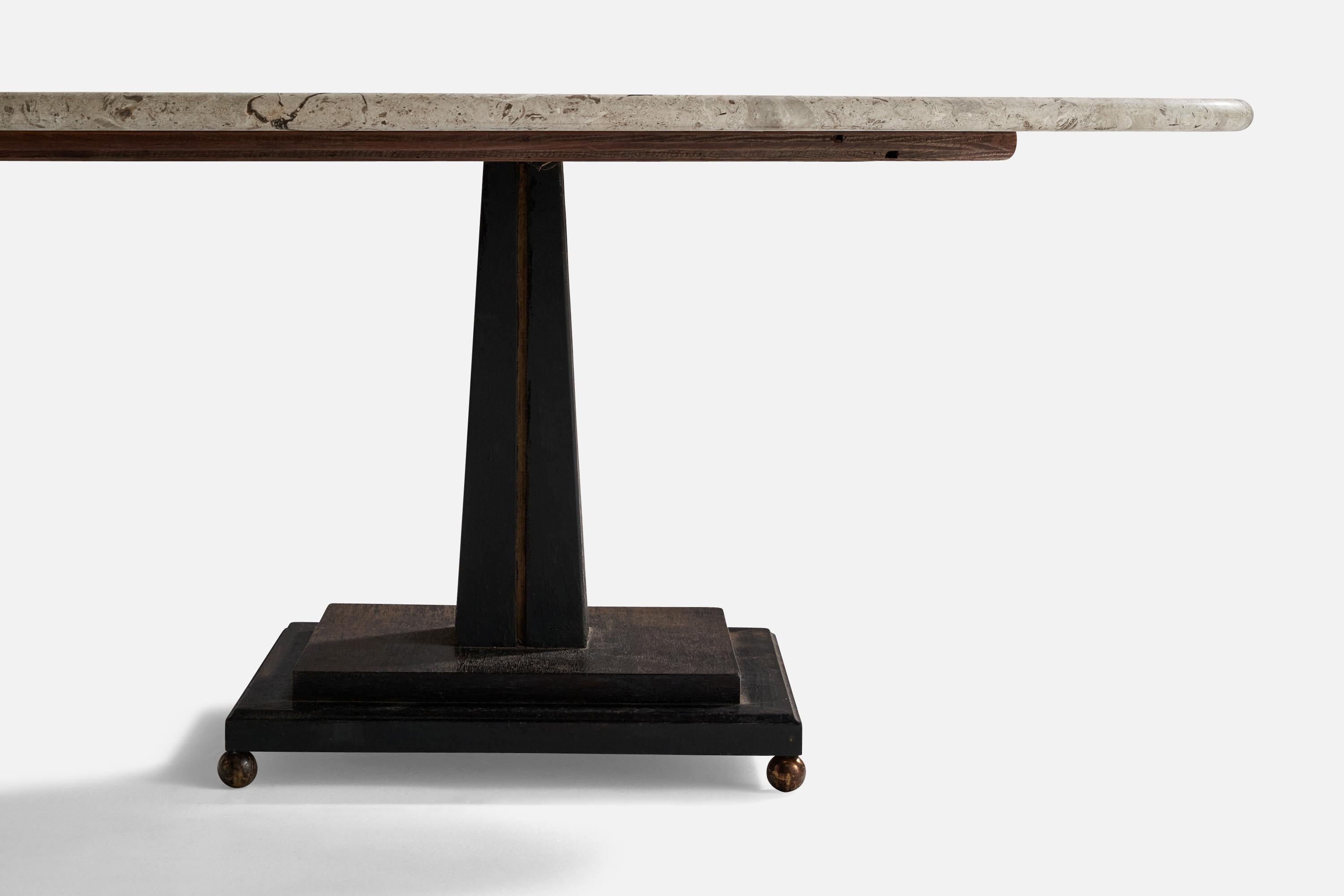 Mid-20th Century American Designer, Coffee Table, Travertine, Wood, Brass, USA, 1940s For Sale