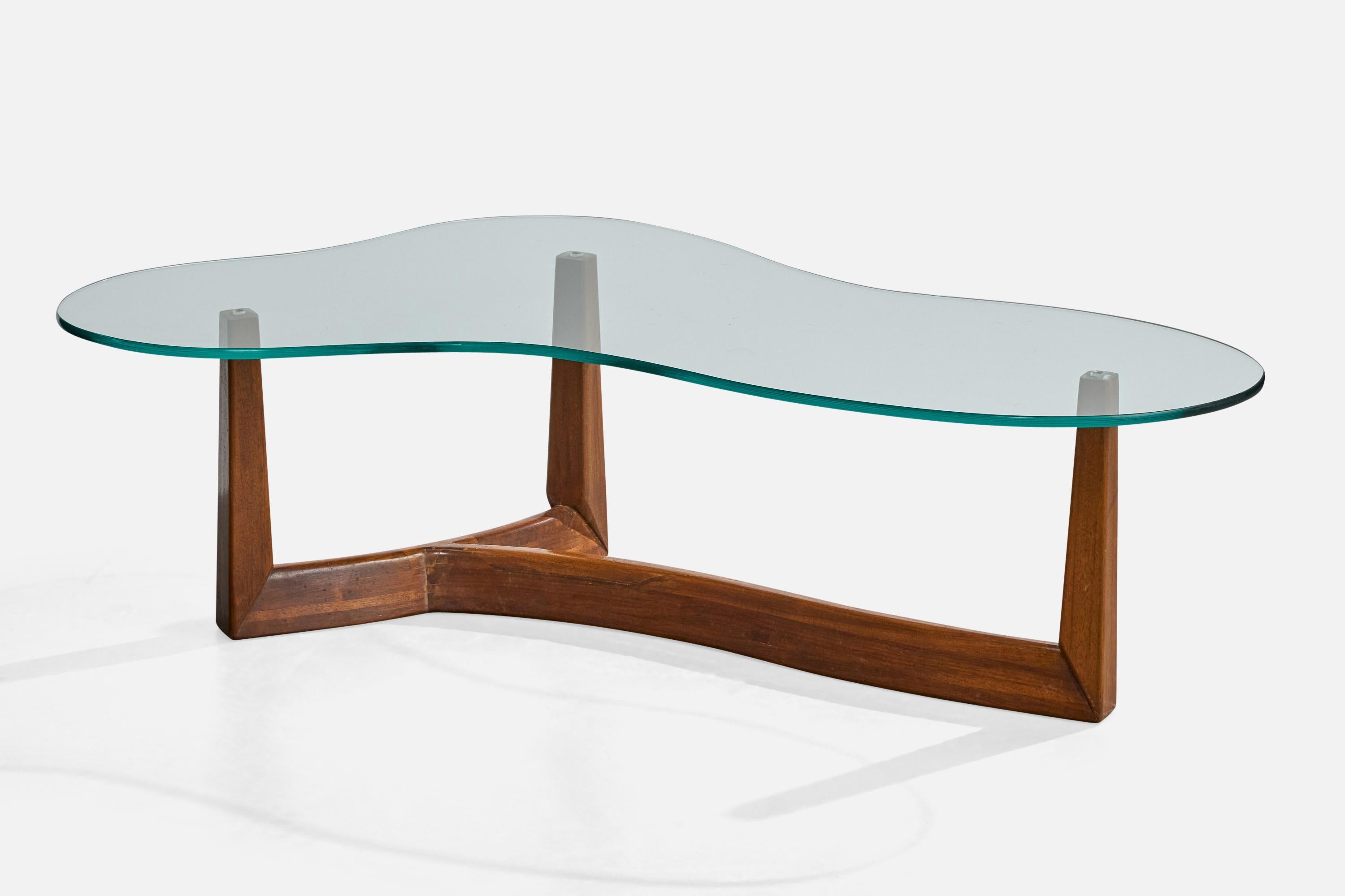 Table basse organique en verre et en noyer, conçue et fabriquée aux États-Unis, vers les années 1950.

Dimensions globales (pouces) : 15.0 