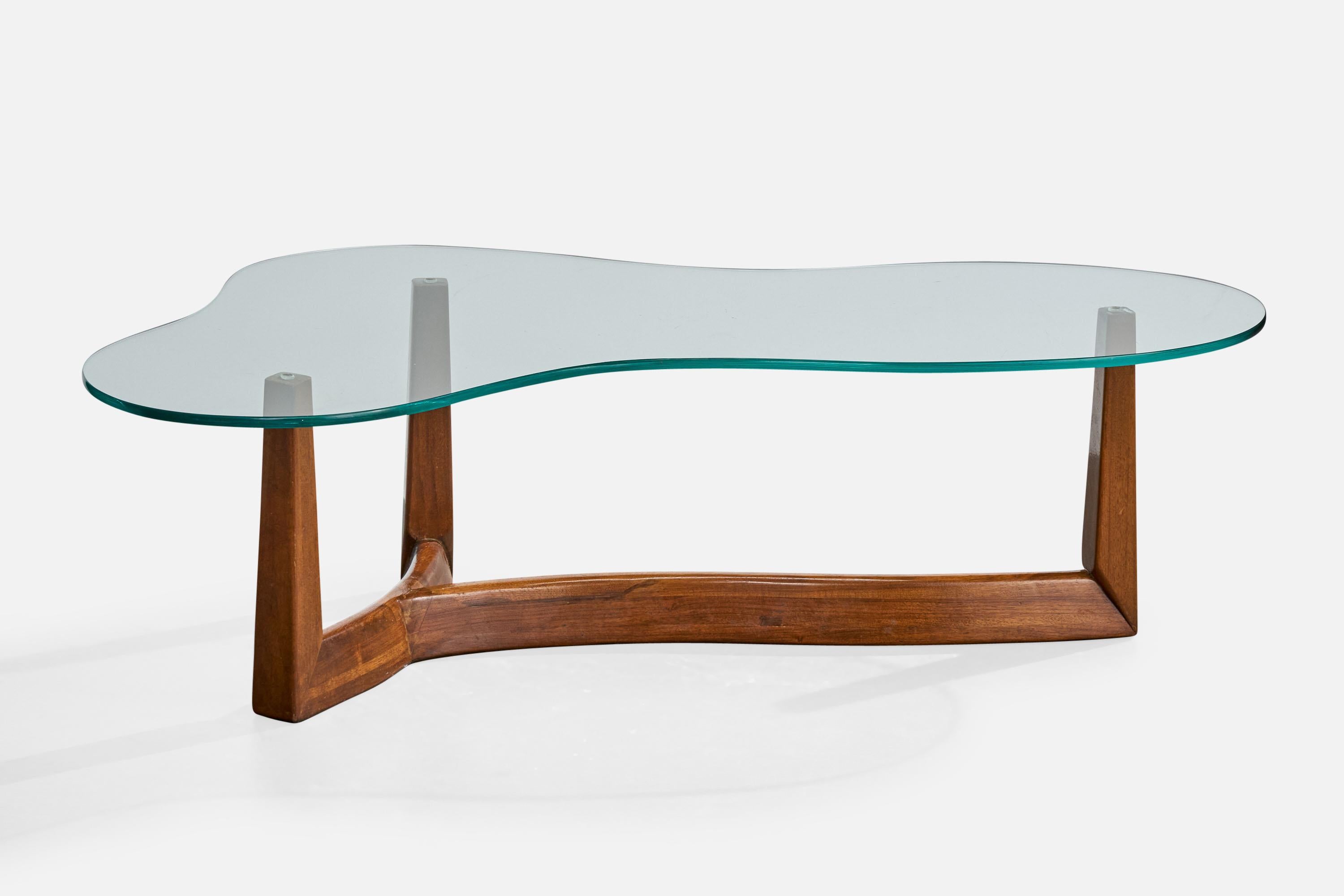 Mid-Century Modern Designer américain, table basse, noyer, verre, États-Unis, années 1950 en vente