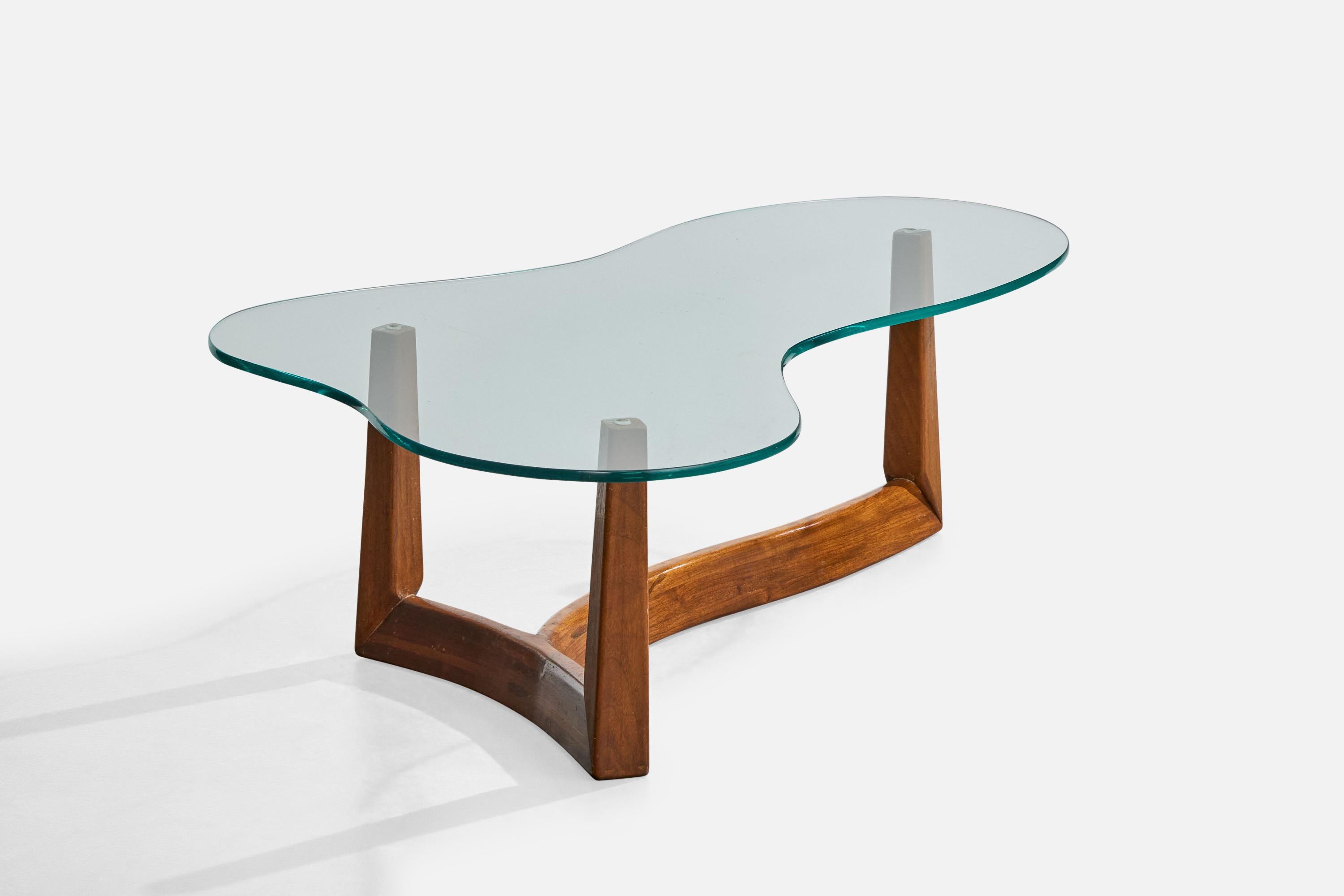 Américain Designer américain, table basse, noyer, verre, États-Unis, années 1950 en vente