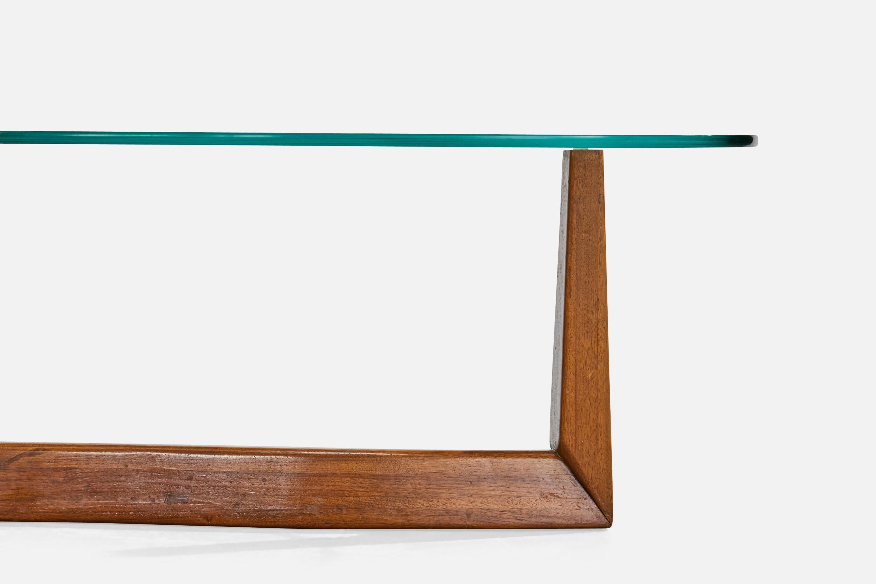 Milieu du XXe siècle Designer américain, table basse, noyer, verre, États-Unis, années 1950 en vente