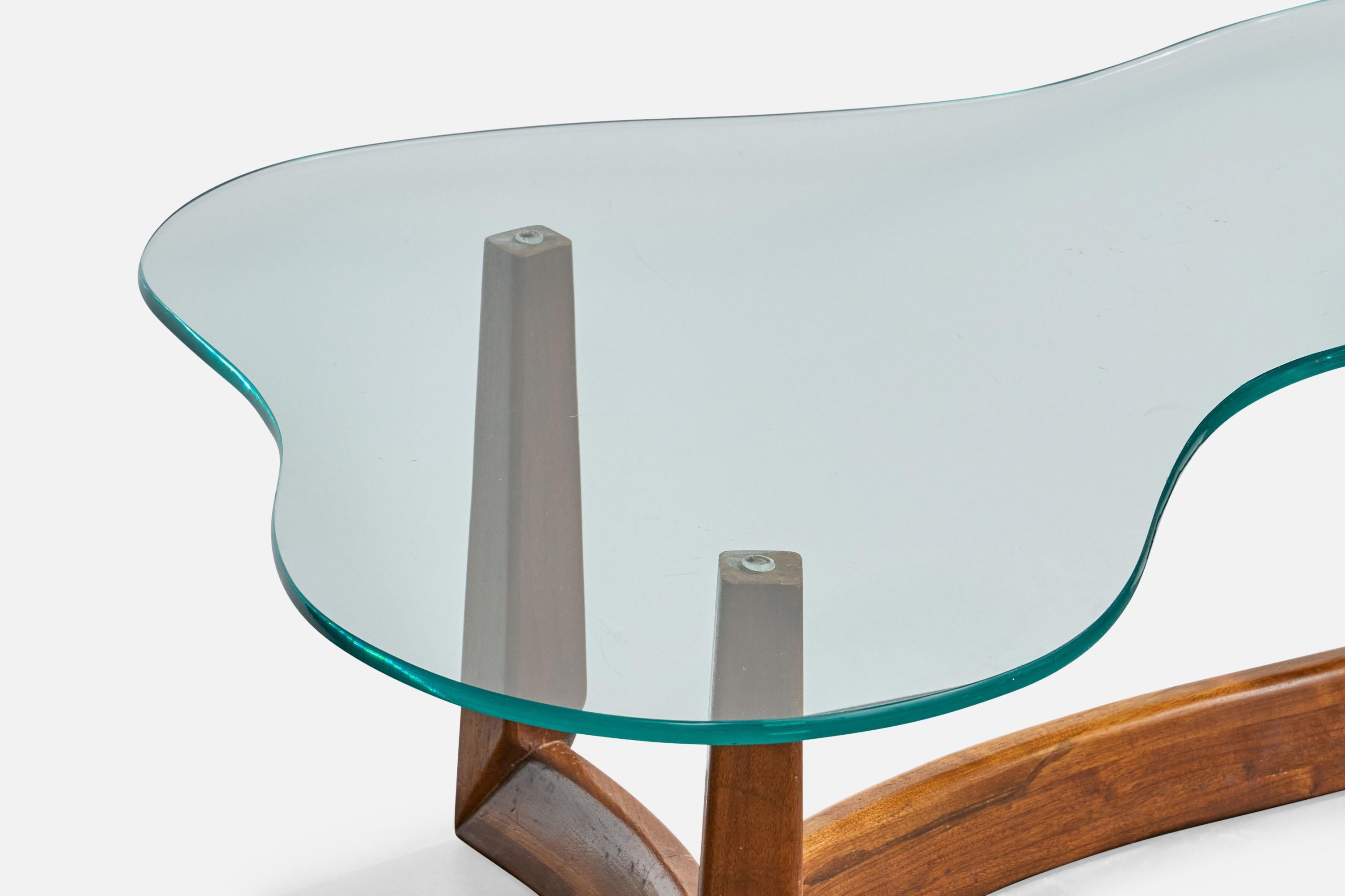 Designer américain, table basse, noyer, verre, États-Unis, années 1950 en vente 1