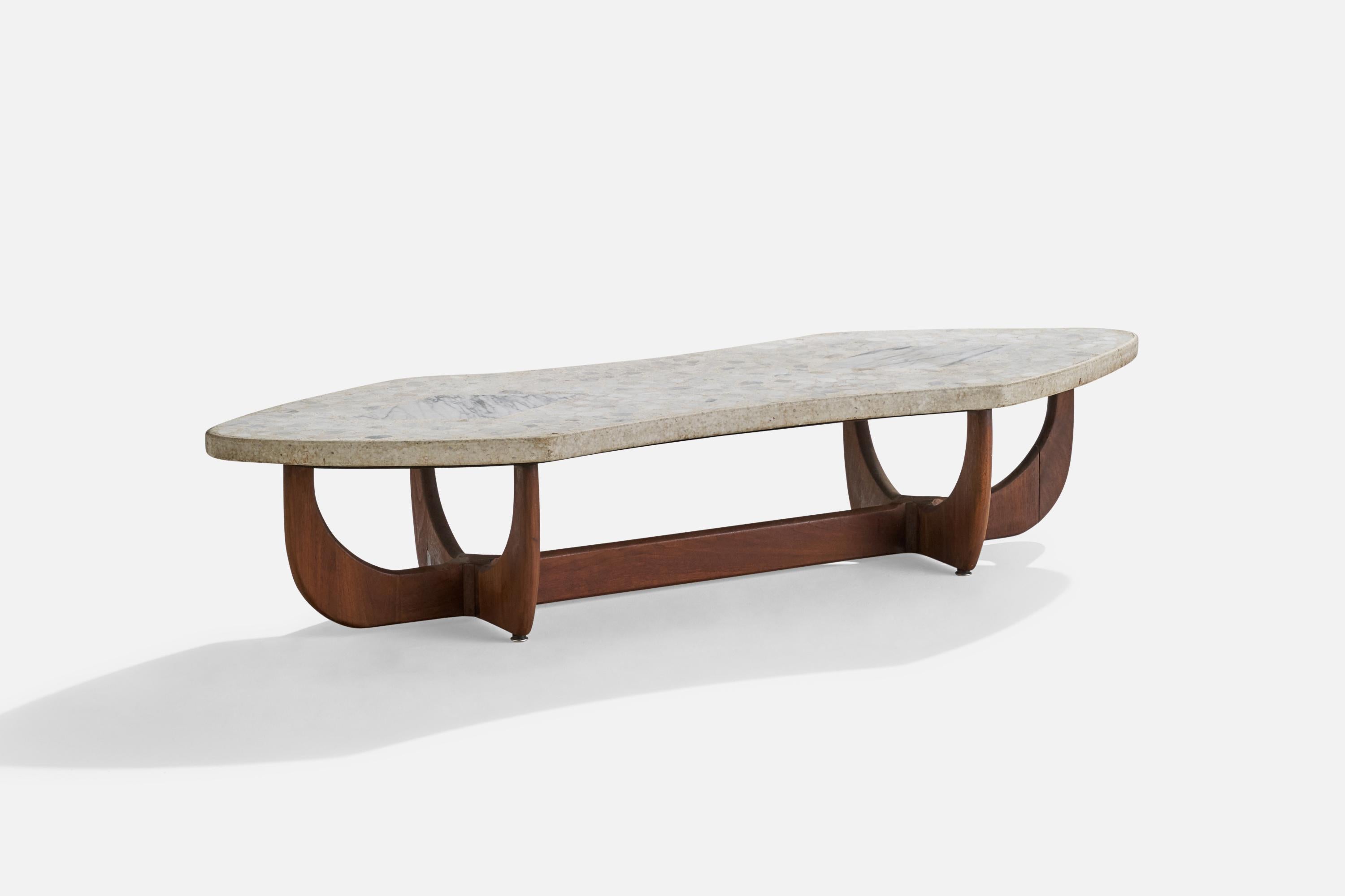 A walnut, terrazzo and carrara marble coffee table designed and produced in the US, c. 1950s.