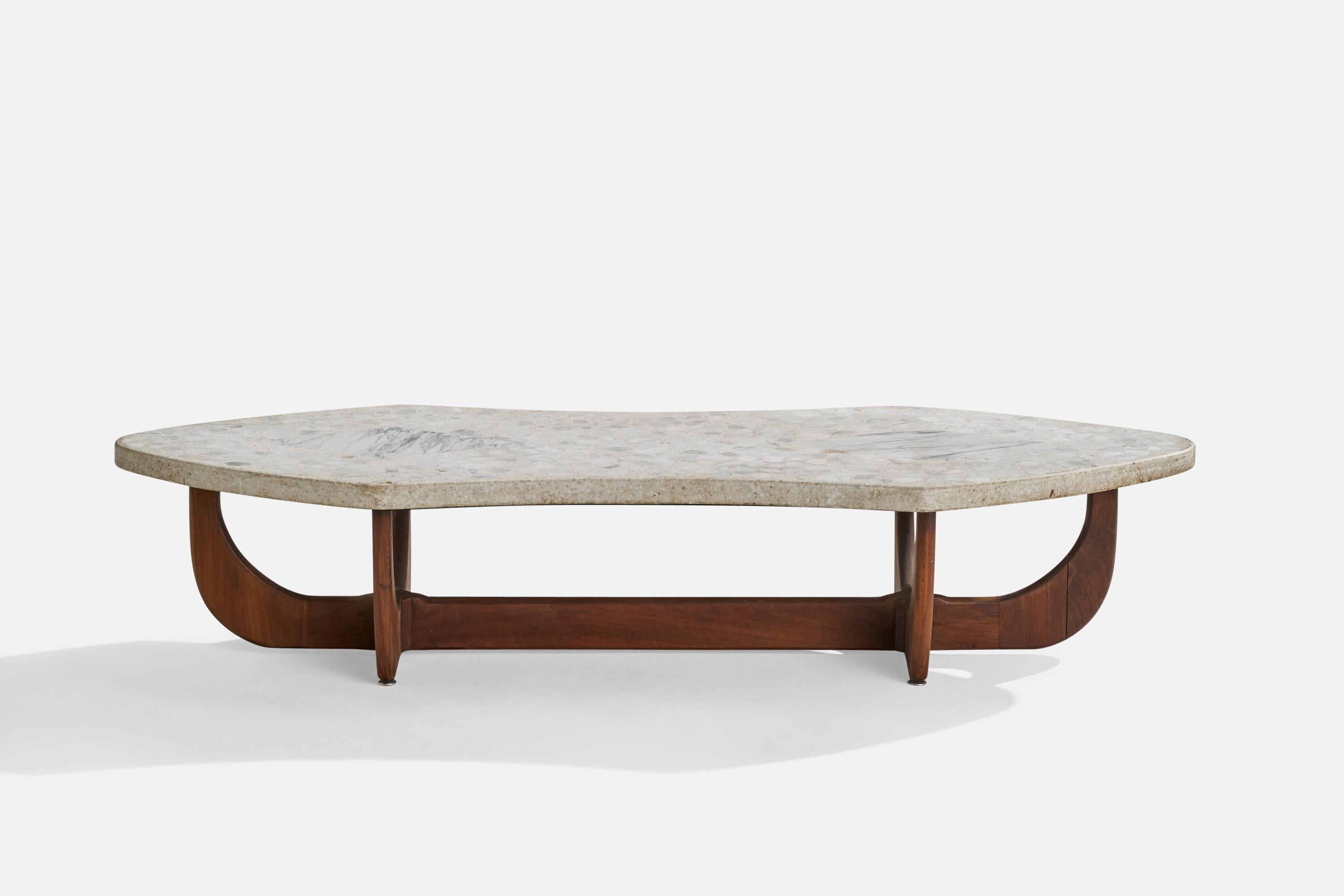 Mid-Century Modern American Designer, Coffee Table, Walnut, Terrazzo, Marble, USA, 1950s For Sale