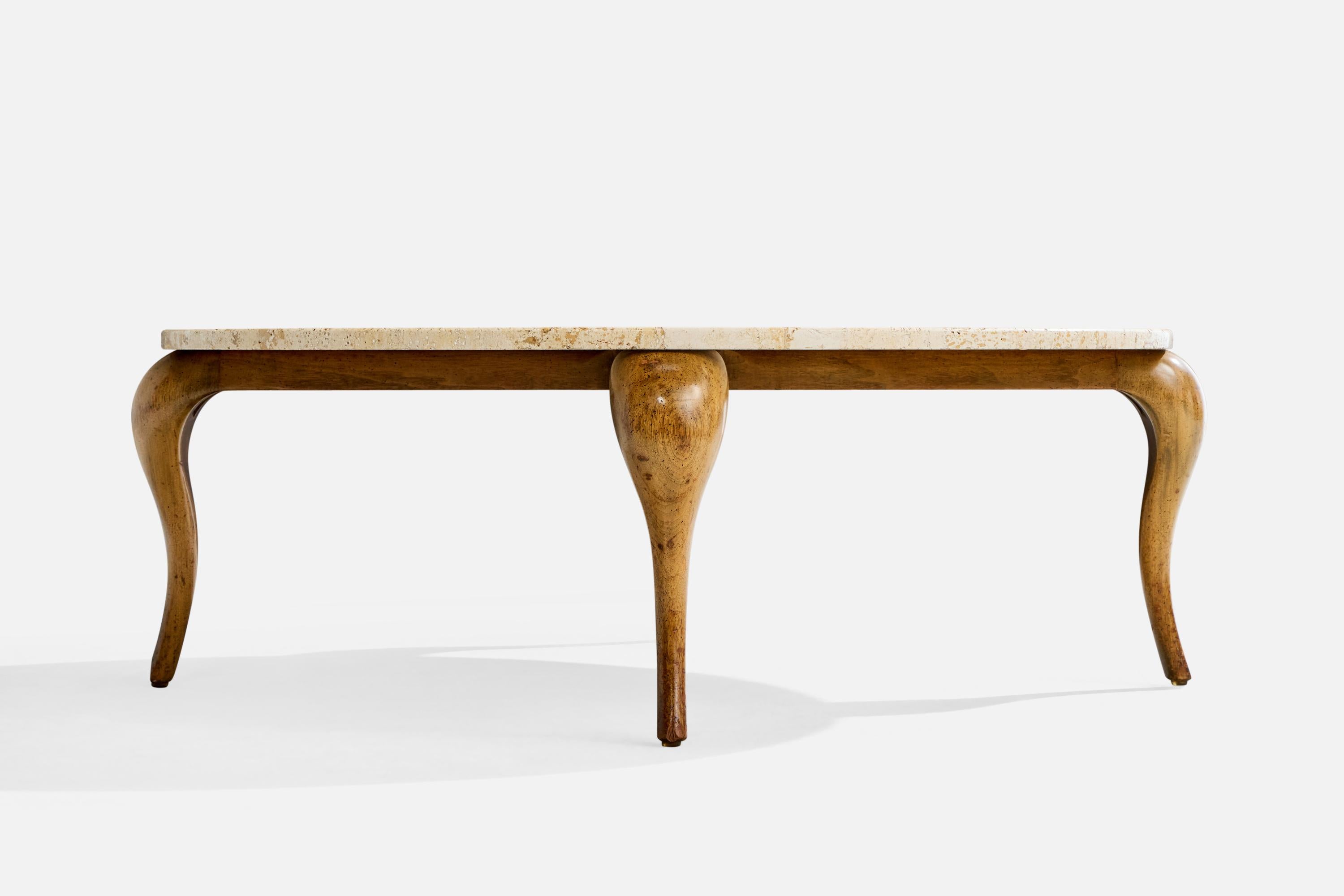 Diseñador americano, Mesa baja, Nogal, Travertino, EE.UU., 1942 en Bueno estado para la venta en High Point, NC