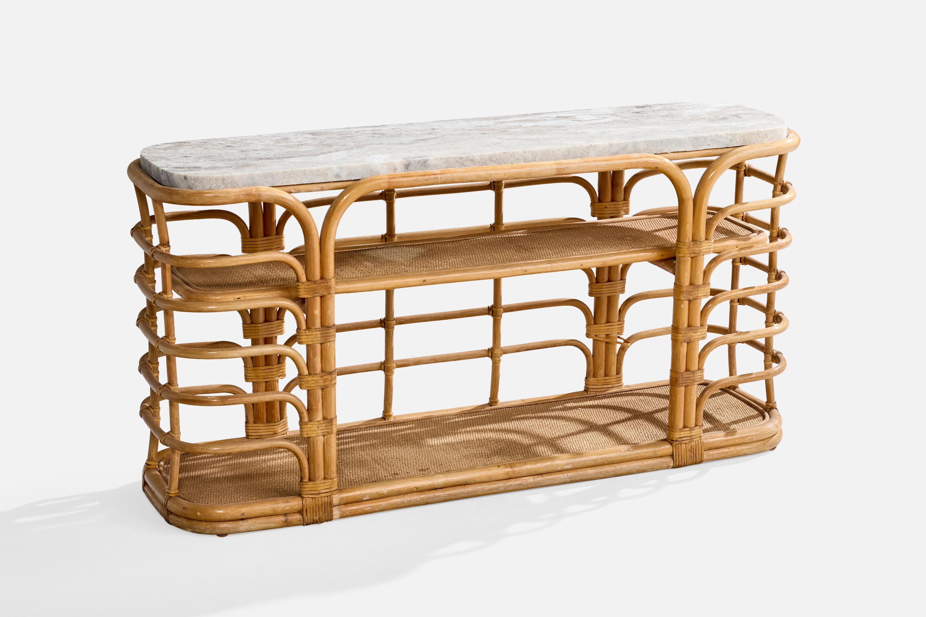 A bamboo, rattan and light grey marble console table designed and produced in the US, c. 1950s.

Overall Dimensions (inches): 28.5” H x 56.5” W x 16.25” D

All items ship from High Point, North Carolina.