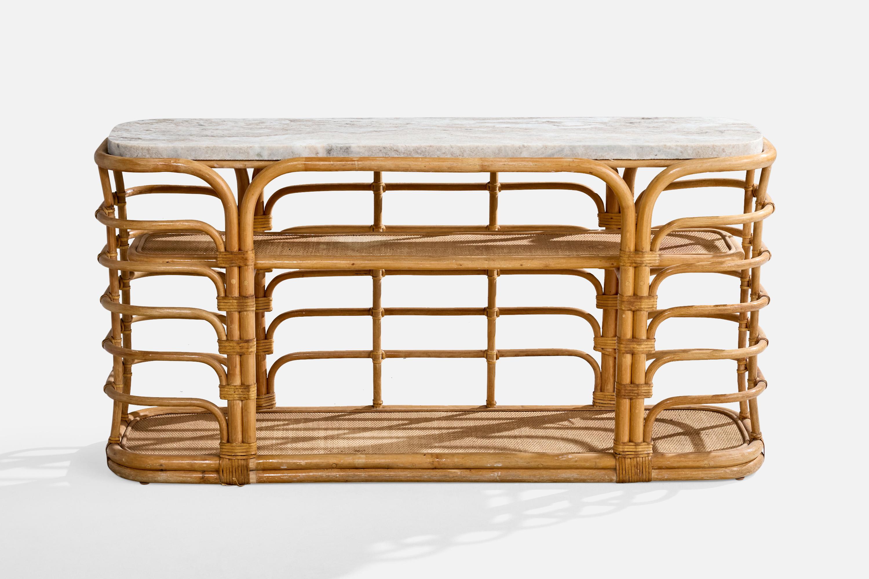 Mid-Century Modern American Designer, Console Table, Bamboo, Rattan, Marble, USA, 1950s For Sale