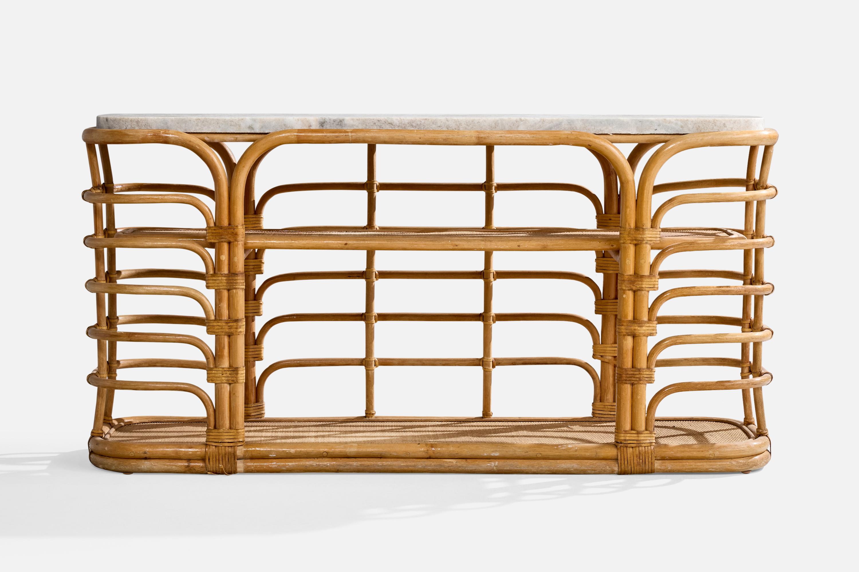 American Designer, Console Table, Bamboo, Rattan, Marble, USA, 1950s In Good Condition For Sale In High Point, NC