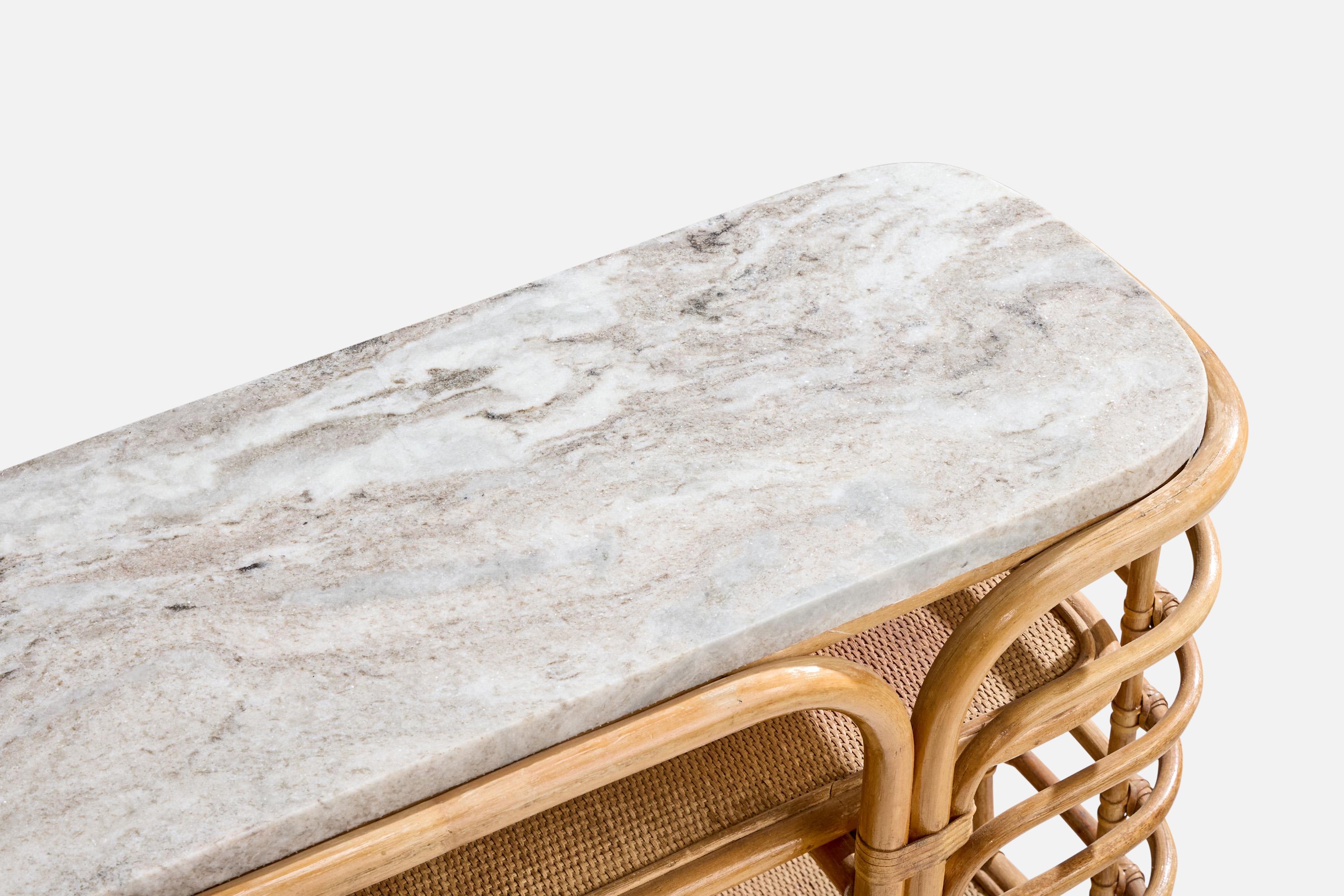 Mid-20th Century American Designer, Console Table, Bamboo, Rattan, Marble, USA, 1950s For Sale