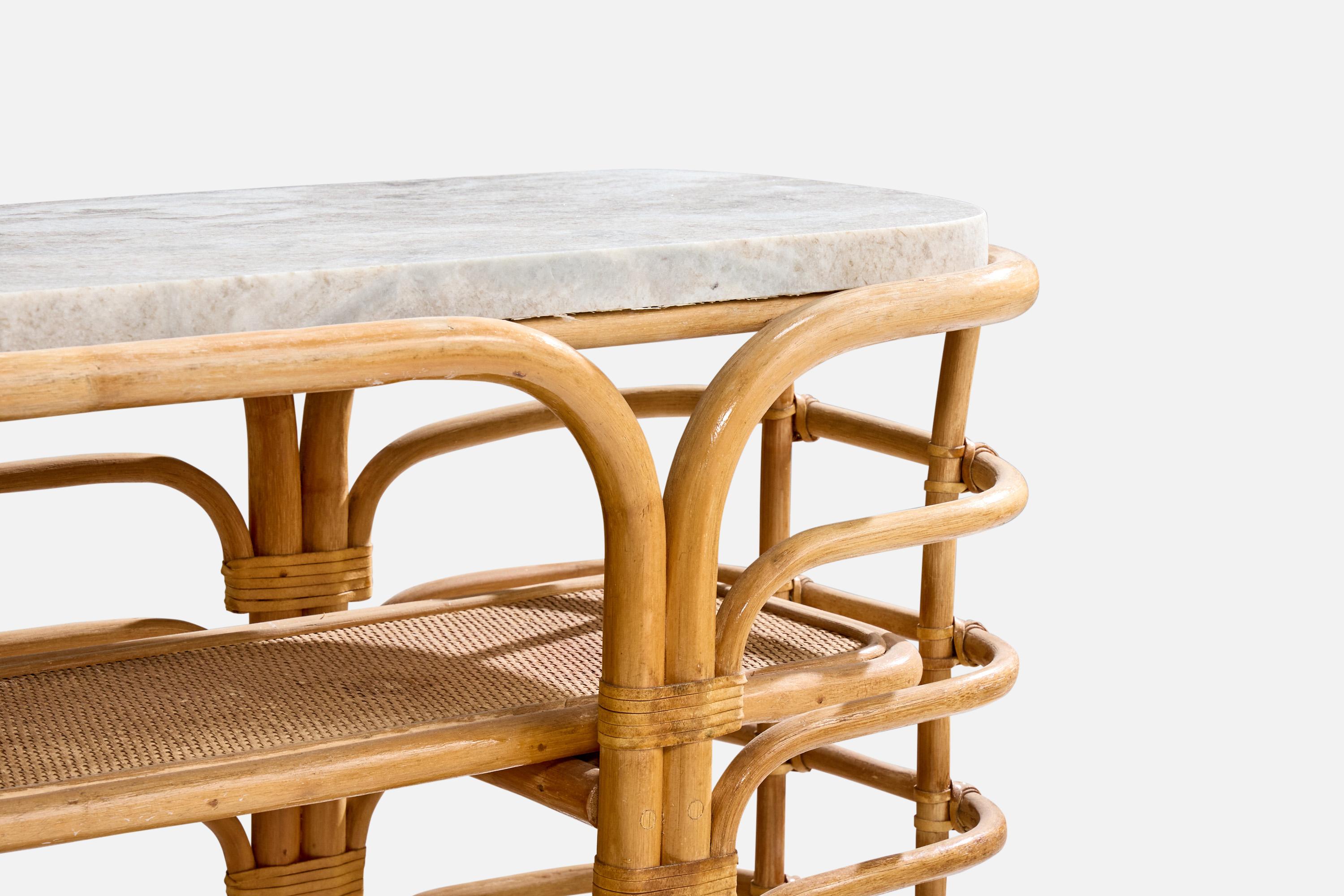American Designer, Console Table, Bamboo, Rattan, Marble, USA, 1950s For Sale 1