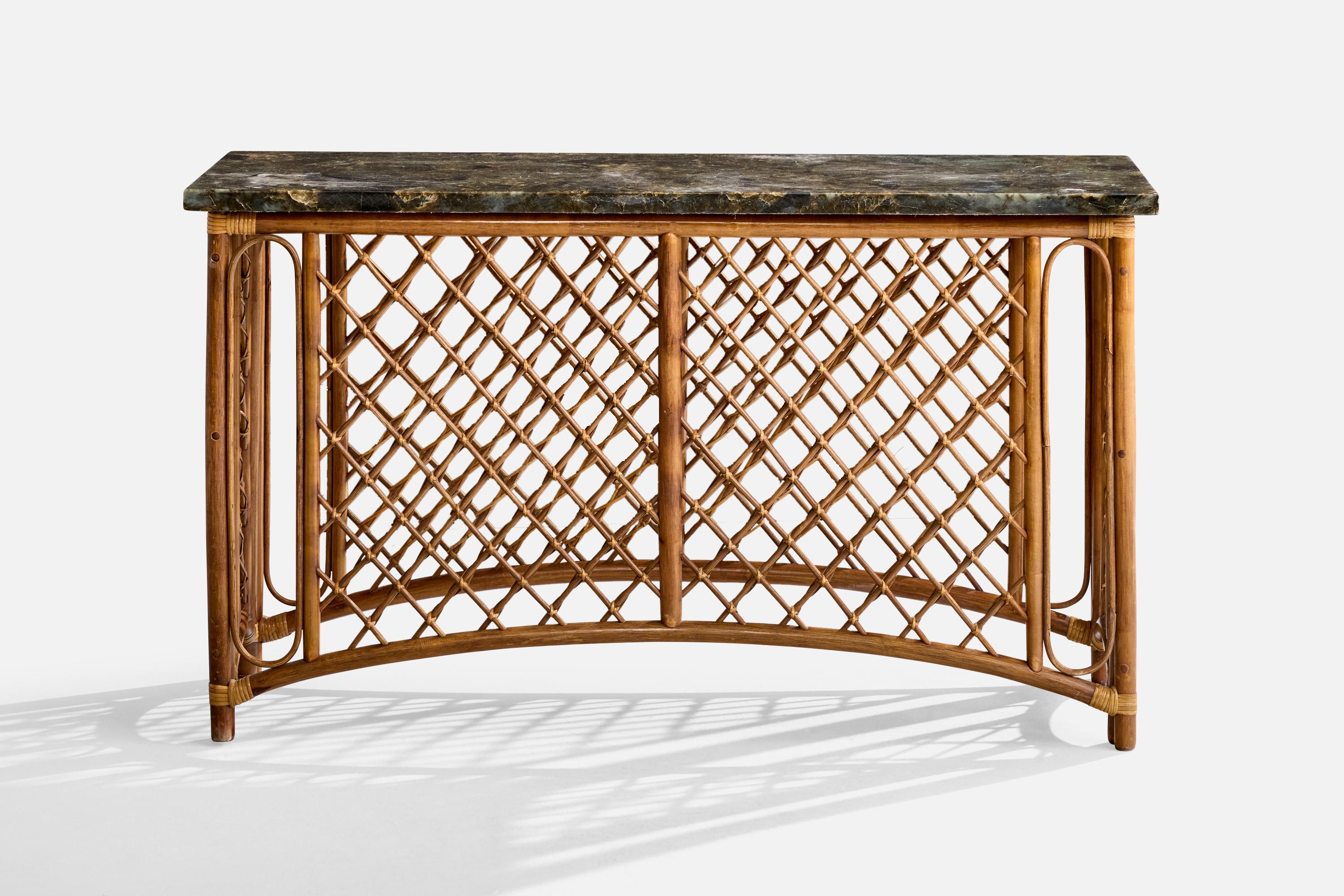 Diseñador americano, mesa consola, bambú, ratán, mármol, EE.UU., años 1960 Moderno de mediados de siglo en venta