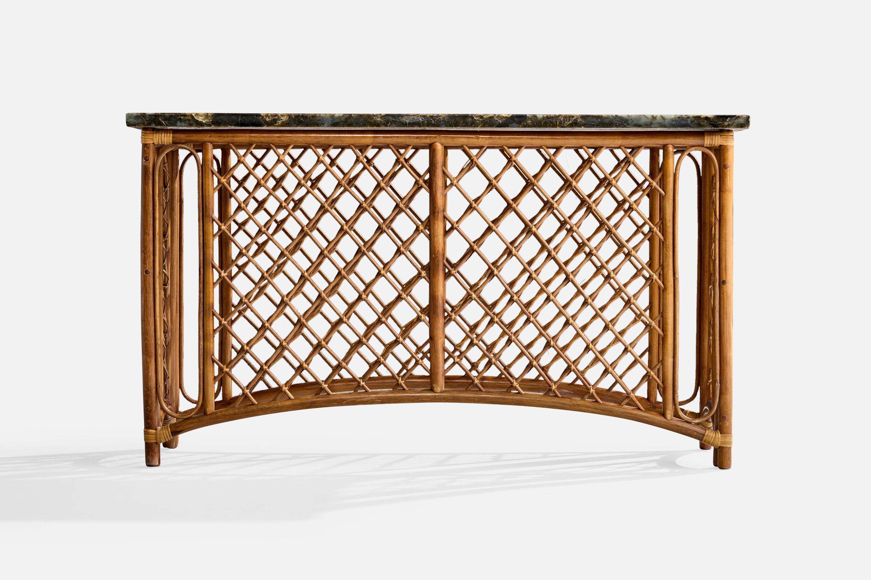 Diseñador americano, mesa consola, bambú, ratán, mármol, EE.UU., años 1960 Estadounidense en venta