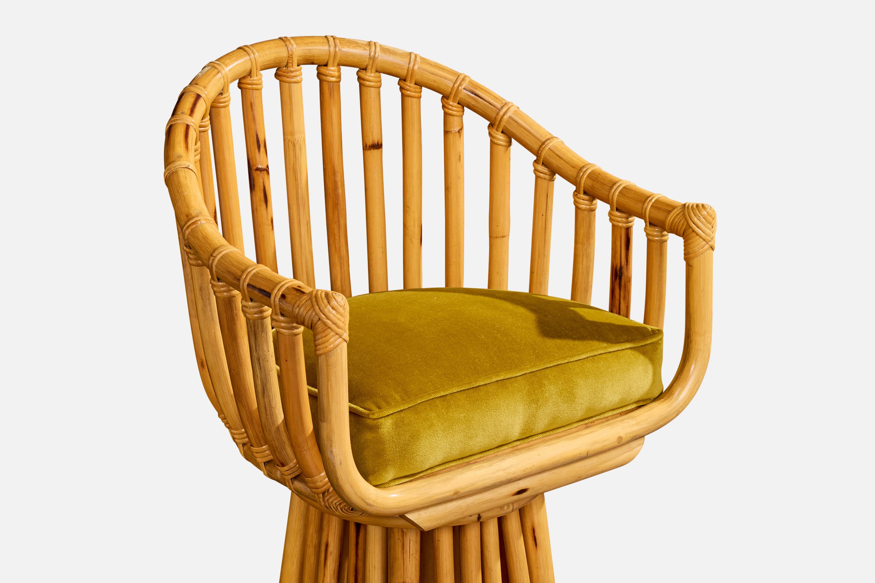 Amerikanischer Designer, Thekenhocker, Bambus, Rattan, Samt, USA, 1970er im Angebot 1