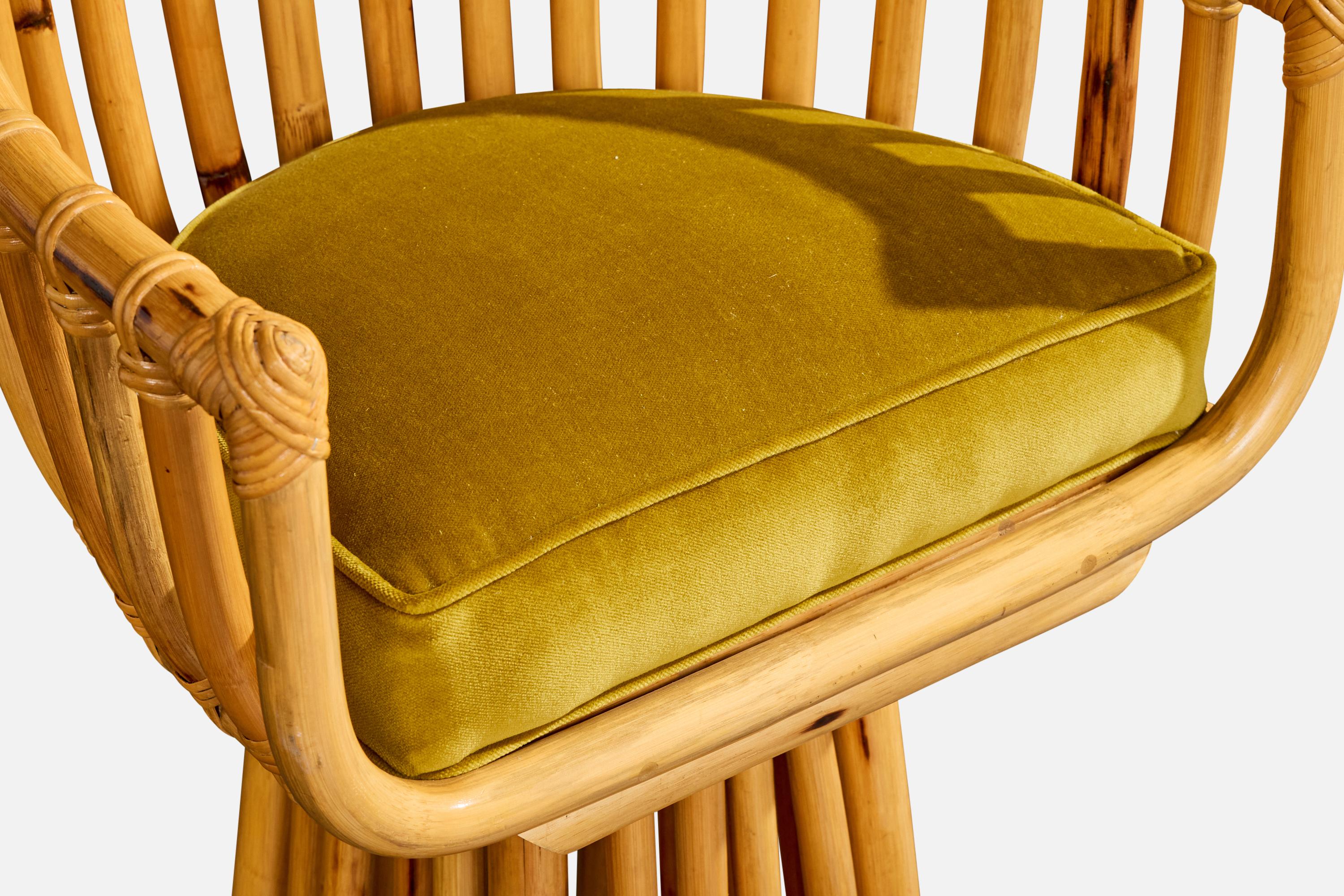 Amerikanischer Designer, Thekenhocker, Bambus, Rattan, Samt, USA, 1970er im Angebot 2