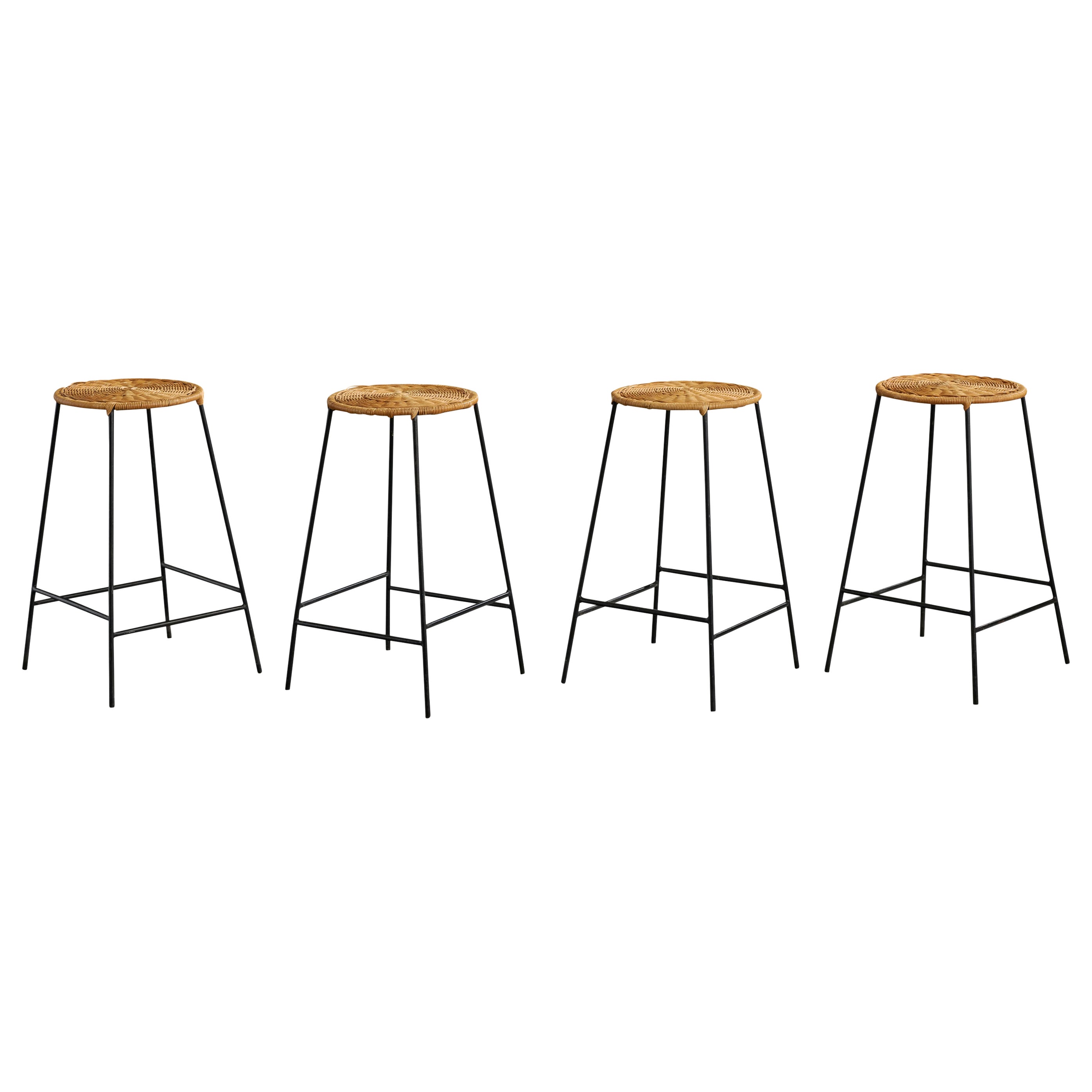 American Designer, Counter Stools, Iron, Rattan, USA, 1950s