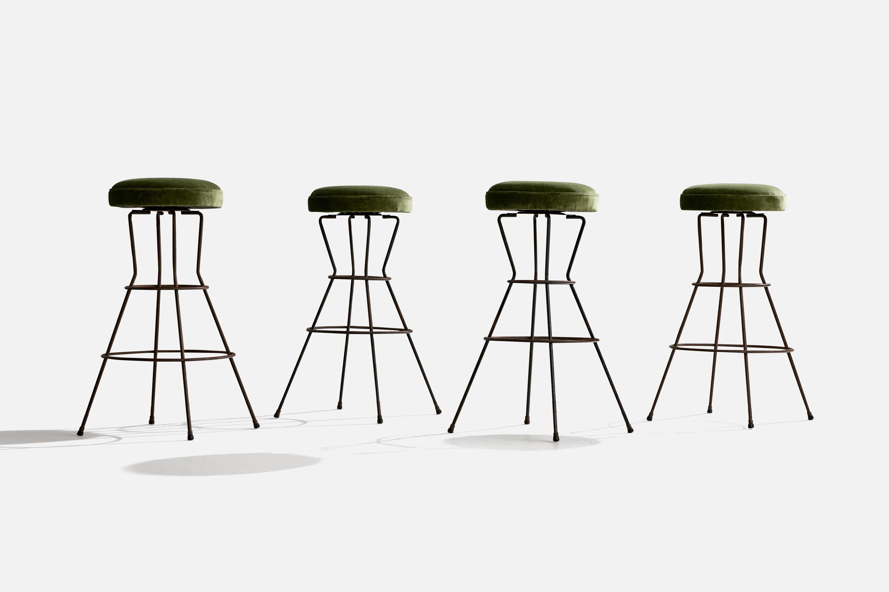Mid-Century Modern American Designer, Counter Stools, Iron, Velvet, USA, 1950s For Sale