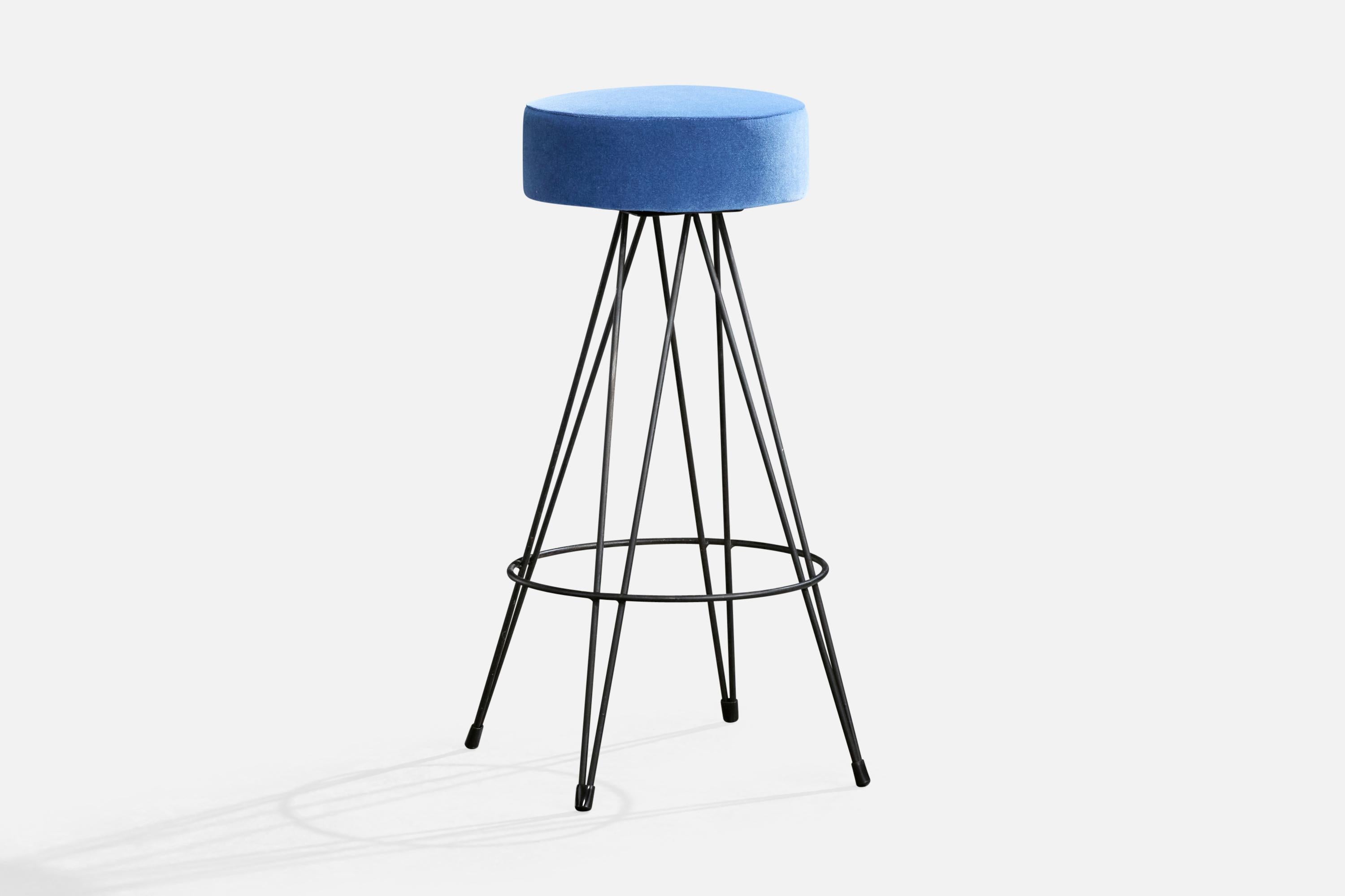 Mid-Century Modern American Designer, Counter Stools, Iron, Velvet, USA, 1950s For Sale